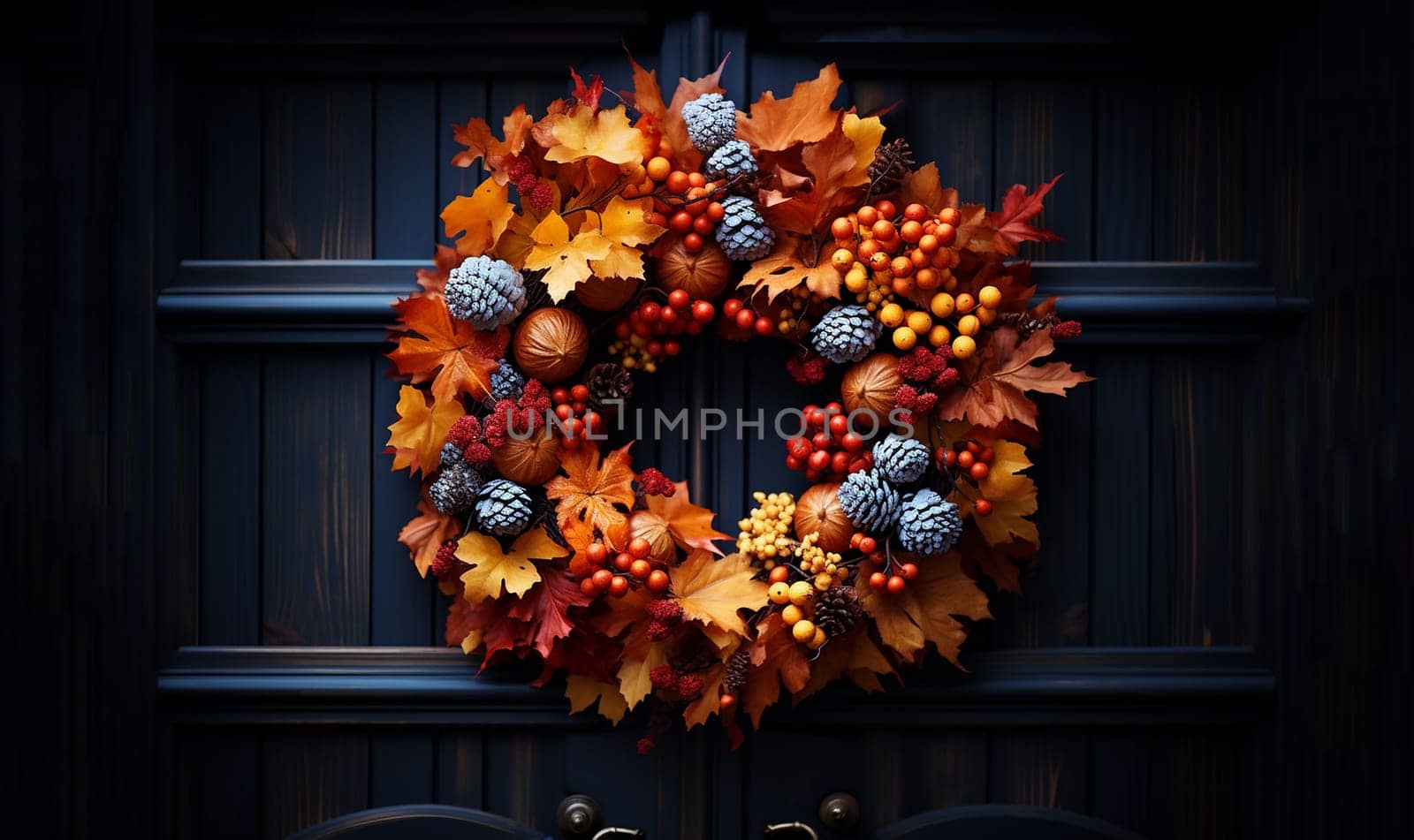Decorative bright autumn wreath hanging on front door of house door close up. Beautiful Festive decoration for Thanksgiving or Halloween party. Fall season background October, Autumn Fall concept decoration