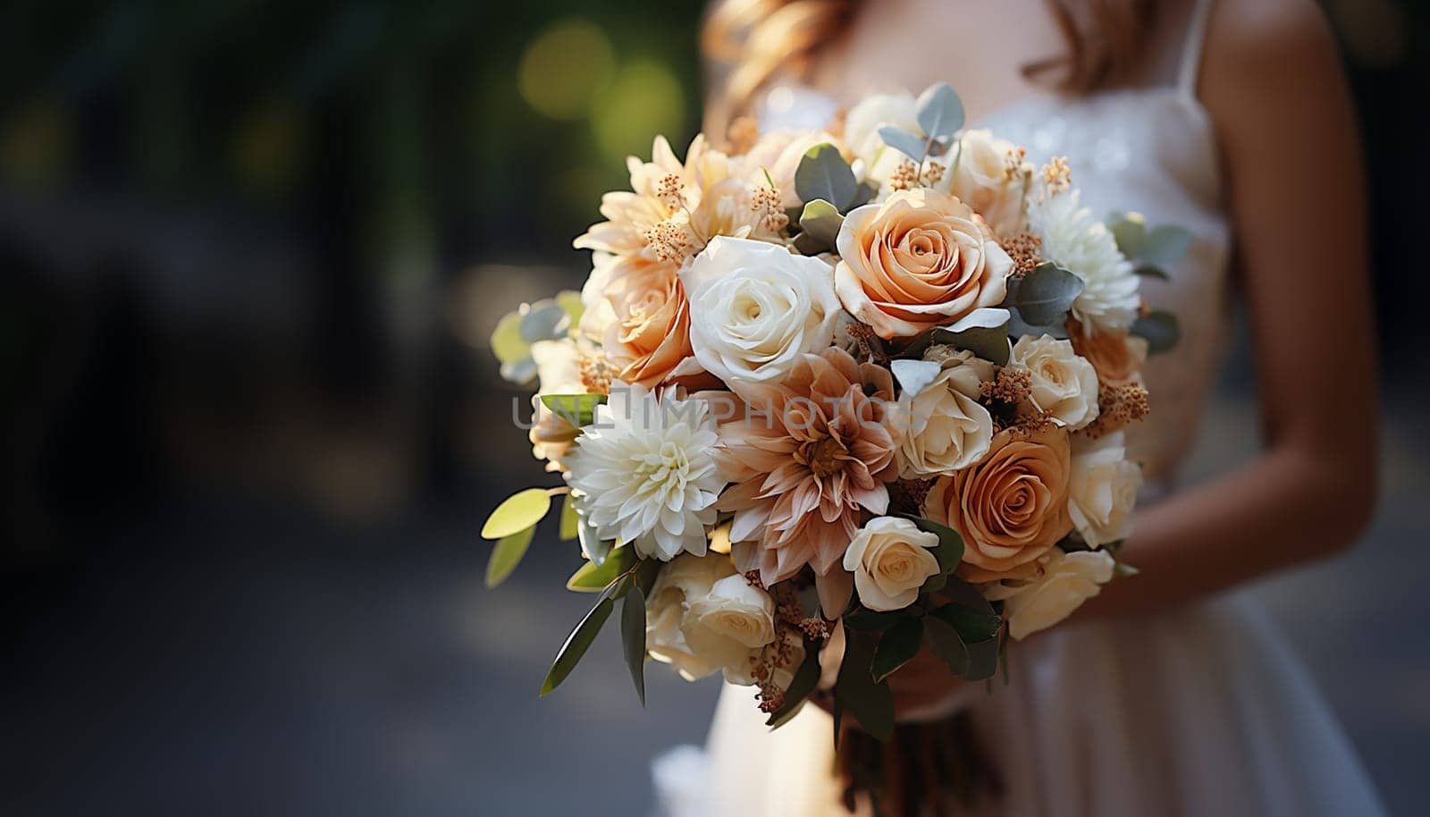 Stylish bride bouquet elegant. A beautiful wedding bouquet with orange roses in bride's hands. A woman in wedding dress holding flowers. Celebration style concept. Design element. Close up. Copy space. space for text