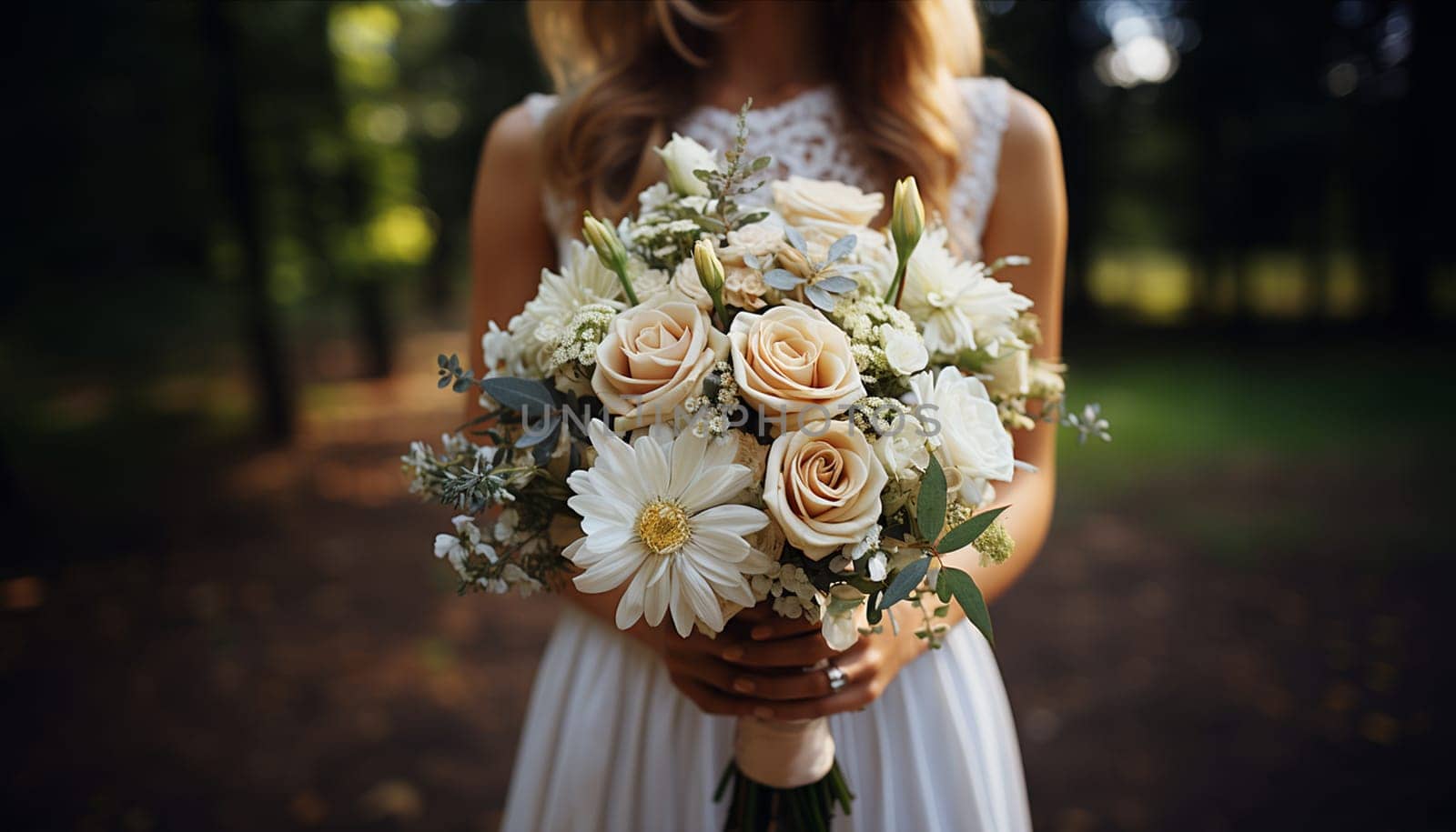 Stylish bride bouquet elegant. A beautiful wedding bouquet with orange roses in bride's hands. A woman in wedding dress holding flowers. Celebration style concept. Design element. Close up. Copy space. space for text