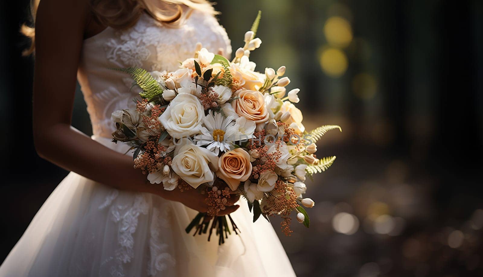 Stylish bride bouquet elegant. A beautiful wedding bouquet with orange roses in bride's hands. A woman in wedding dress holding flowers. Celebration style concept. Design element. Close up. Copy space. space for text