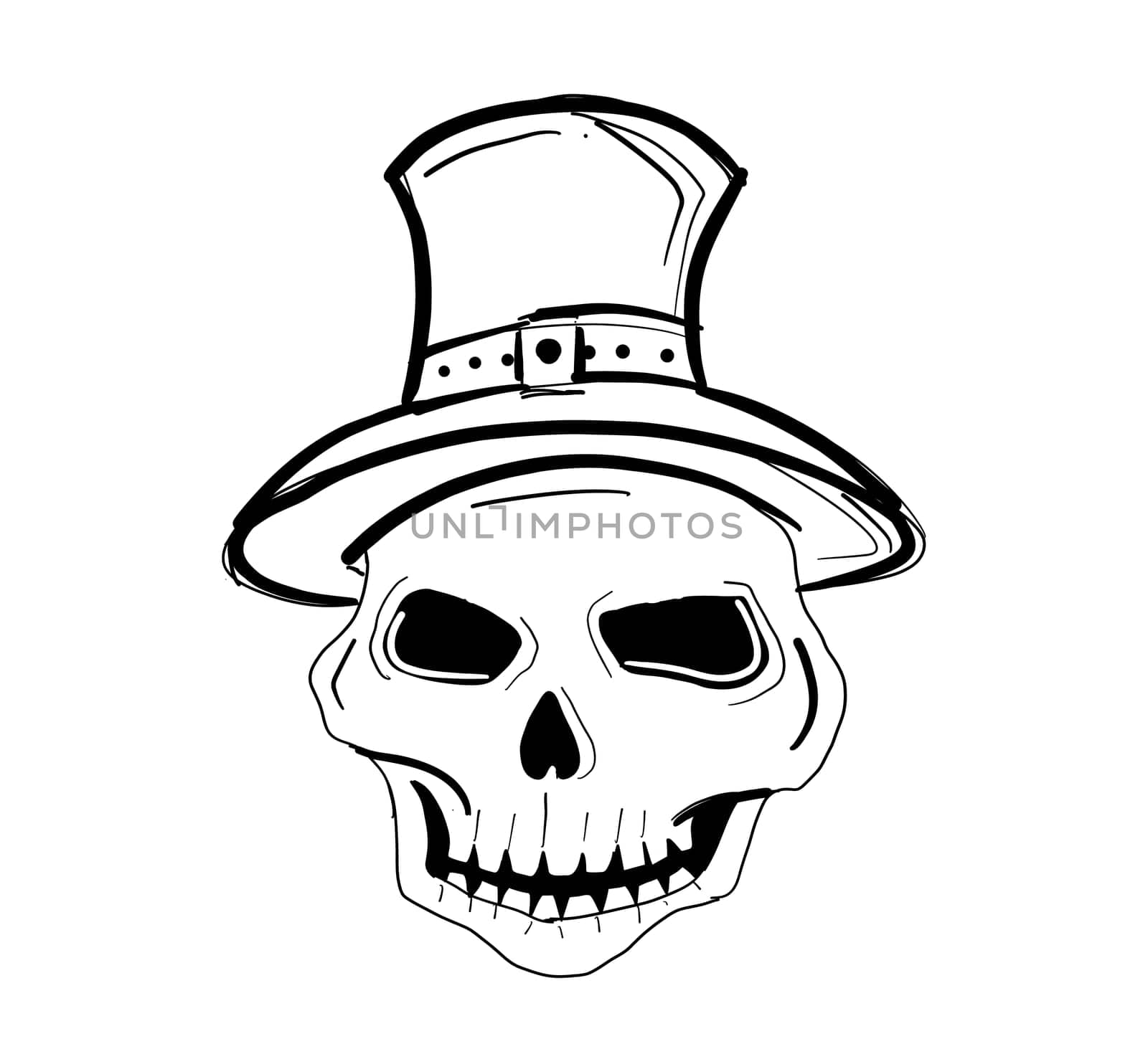 Skull ghost wearing a witch's hat hand drawn lines On a white background, isolate
