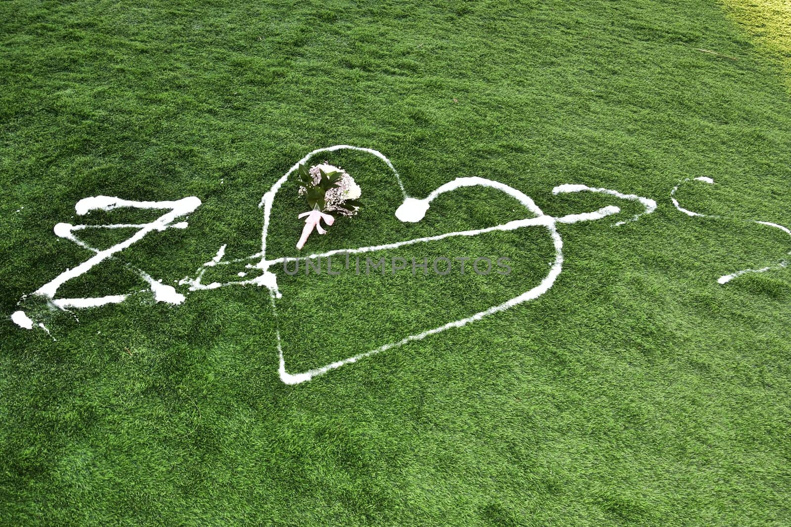 lovers heart symbol is drawn with white foam on green grass, Valentine's Day. High quality photo