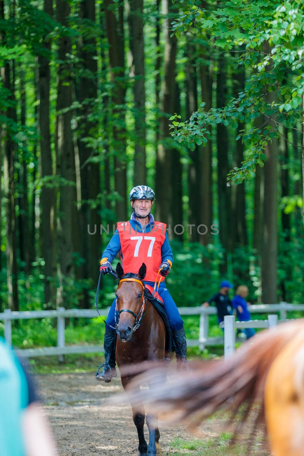 A rider rides a horse in a competition. Moscow Russia July 1, 2023. High quality photo