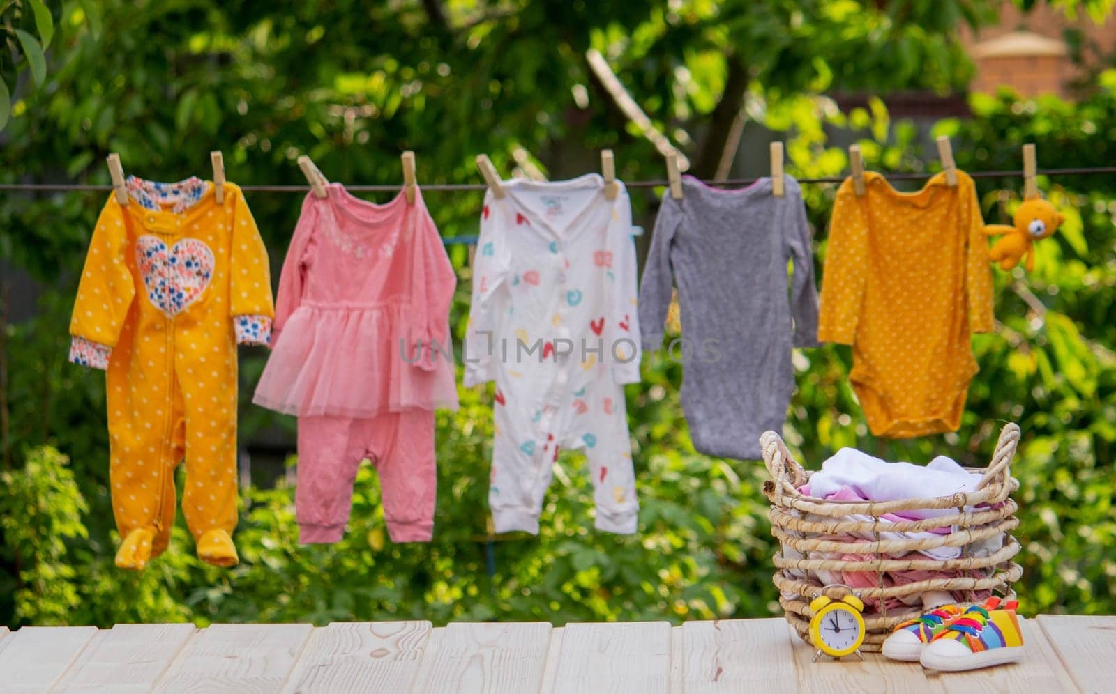 washing baby clothes. Linen dries in the fresh air. Selective focus. nature.