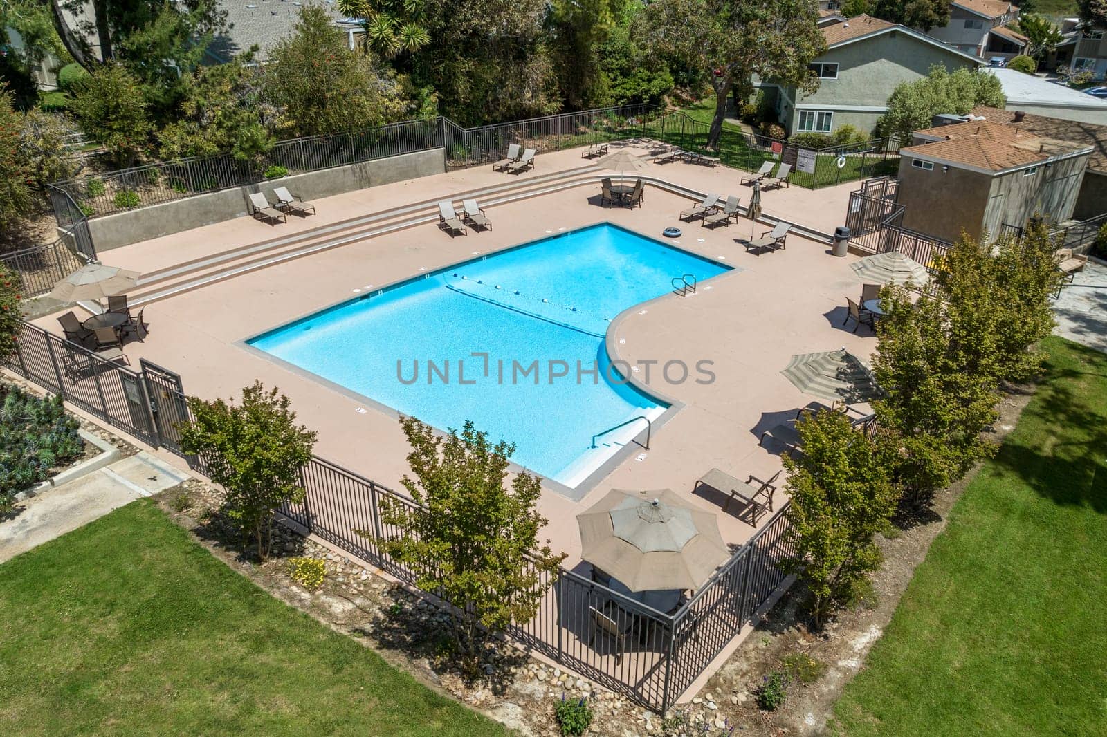 Aerial view of recreational facilities with swimming pool in private residential community in La Jolla, California, USA. April 15st, 2022