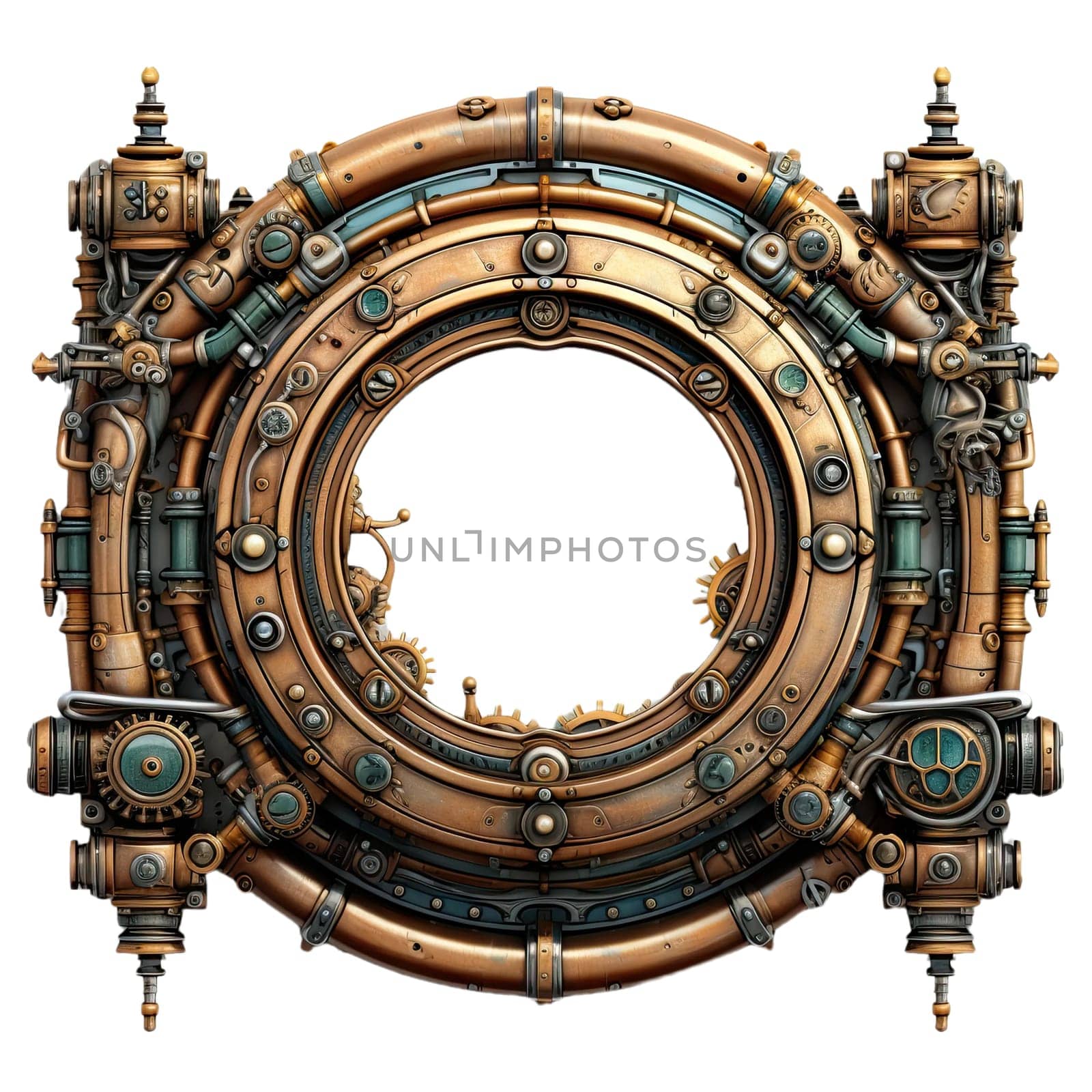 Metallic frame with vintage machine gears and cogwheel. Isolated on transparent background. Mock up template. by jbruiz78