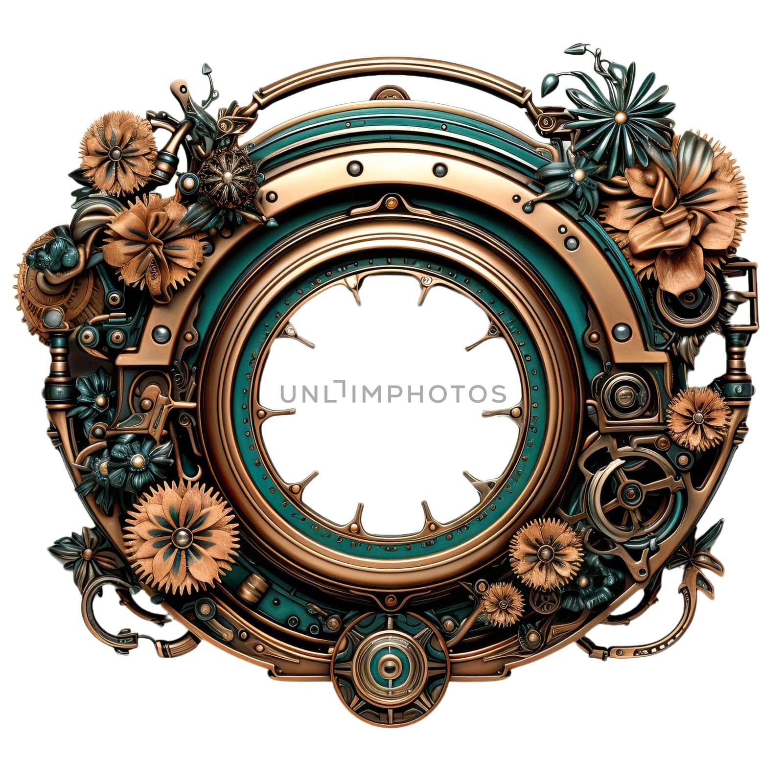 Metallic frame with vintage machine gears and cogwheel. Isolated on transparent background. Mock up template