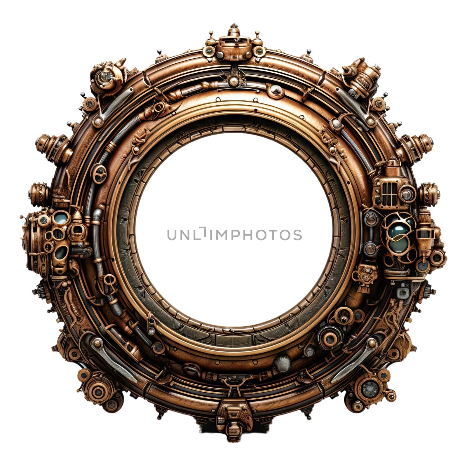 Metallic frame with vintage machine gears and cogwheel. Isolated on transparent background. Mock up template