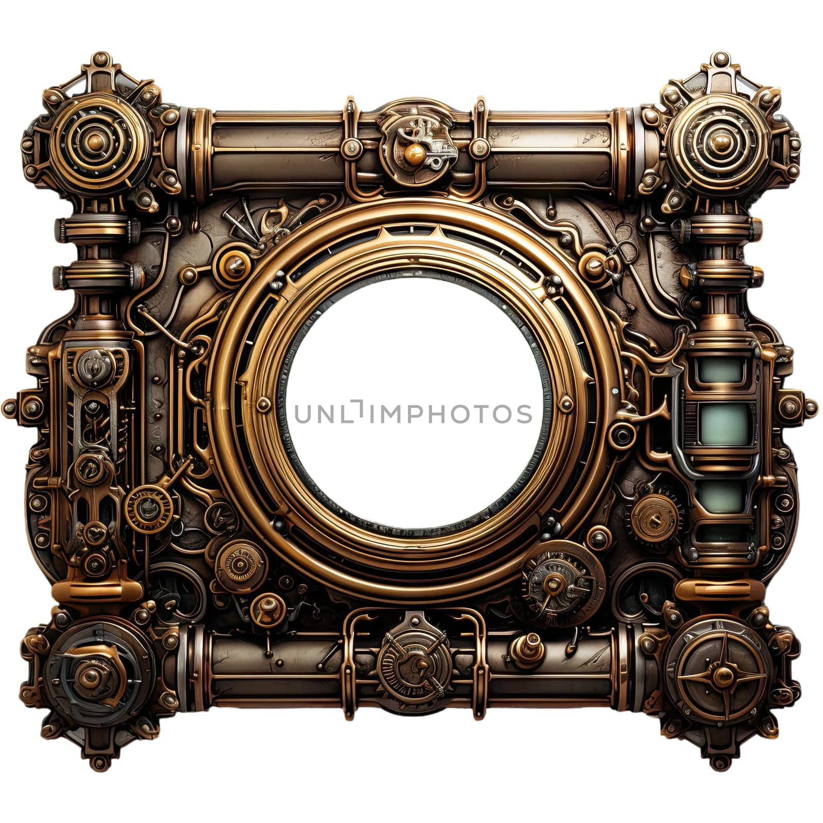 Metallic frame with vintage machine gears and cogwheel. Isolated on transparent background. Mock up template