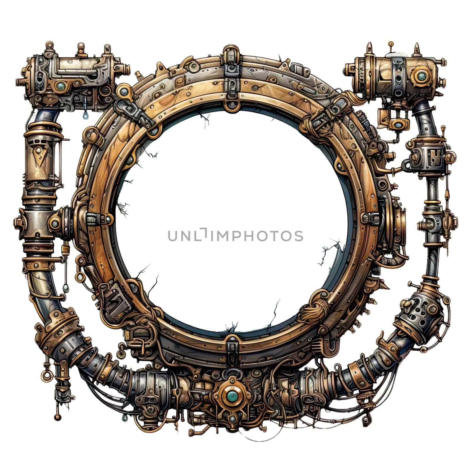 Metallic frame with vintage machine gears and cogwheel. Isolated on transparent background. Mock up template