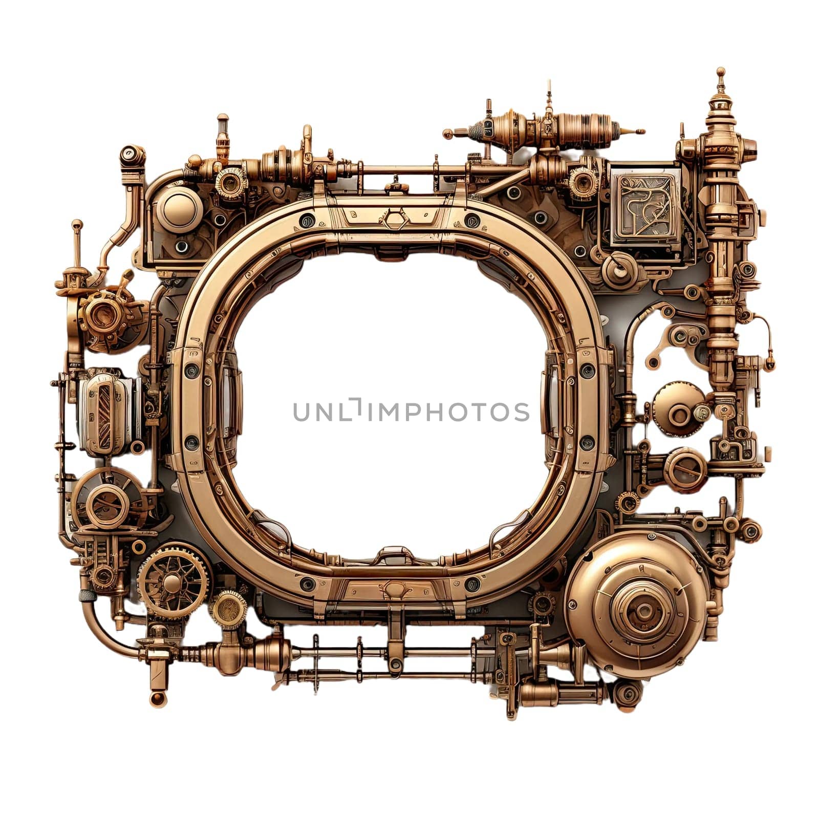 Metallic frame with vintage machine gears and cogwheel. Isolated on transparent background. Mock up template