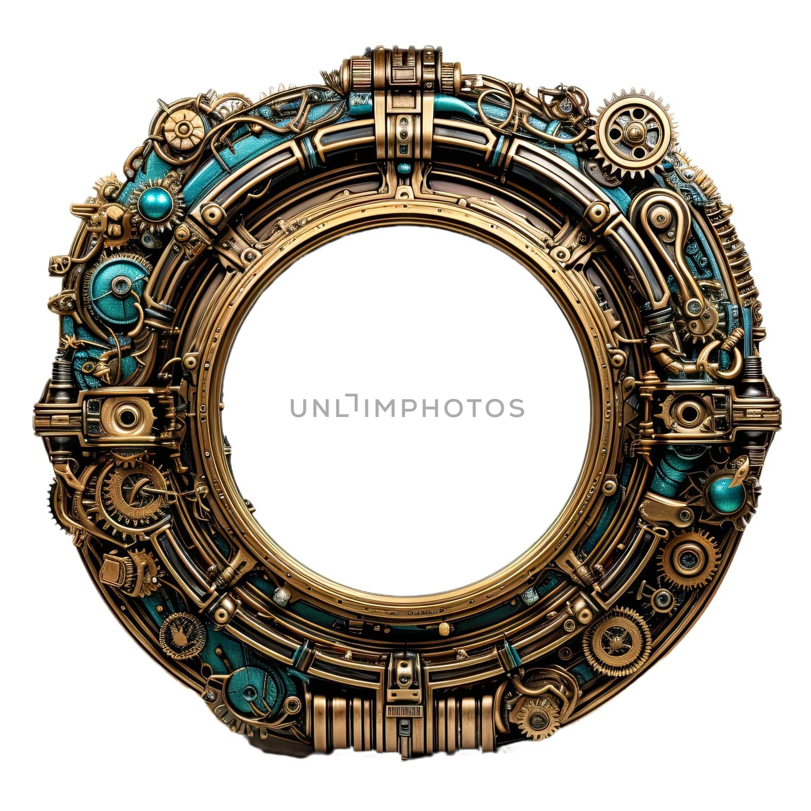 Metallic frame with vintage machine gears and cogwheel. Isolated on transparent background. Mock up template