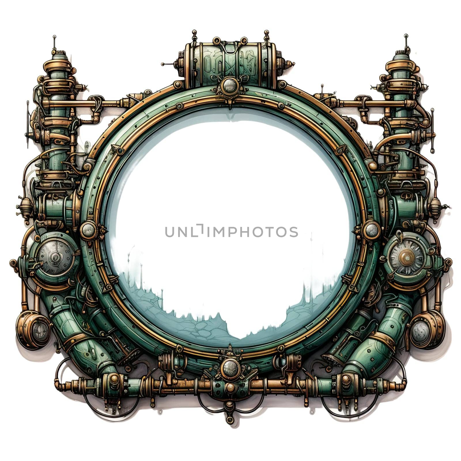 Metallic frame with vintage machine gears and cogwheel. Isolated on transparent background. Mock up template