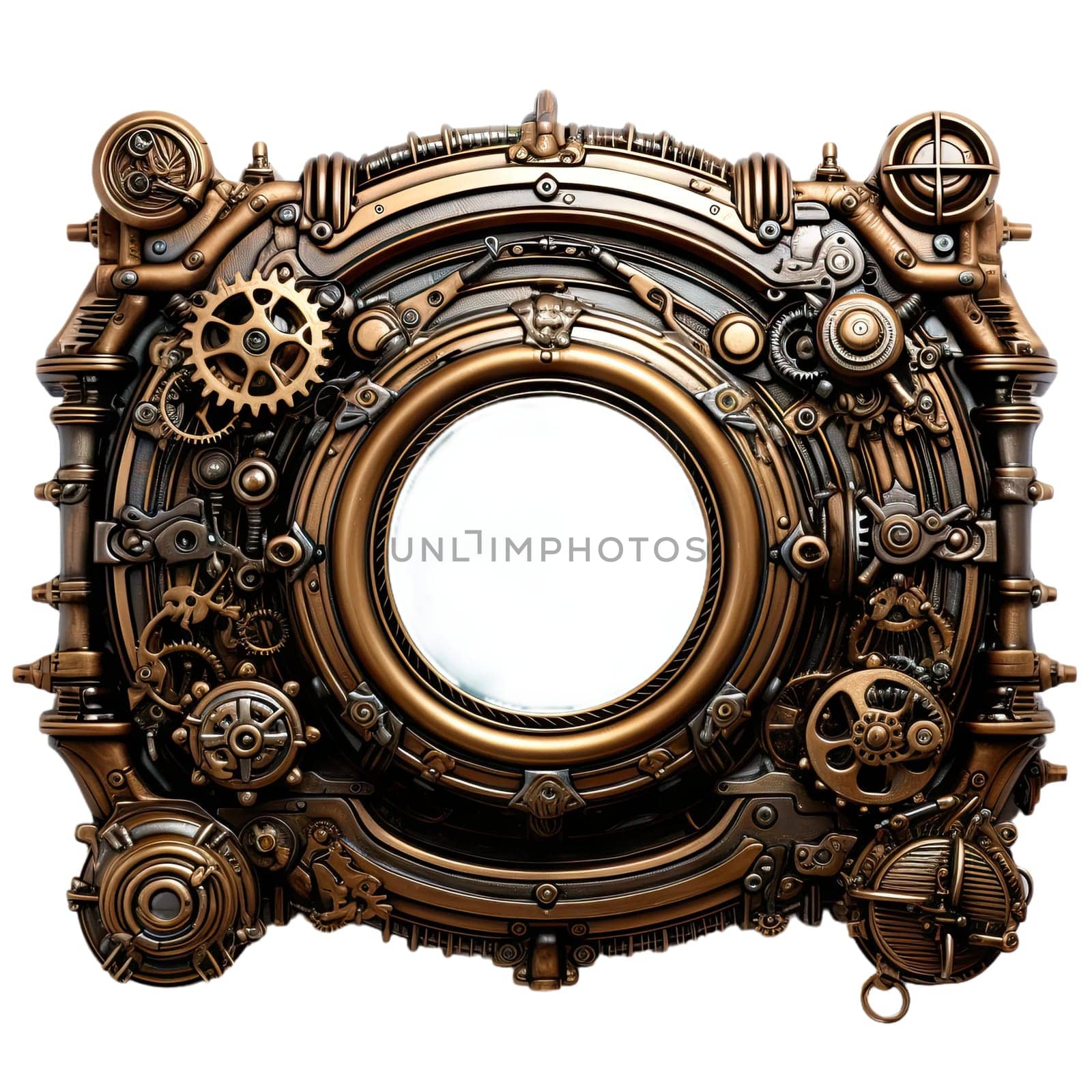 Metallic frame with vintage machine gears and cogwheel. Isolated on transparent background. Mock up template. by jbruiz78