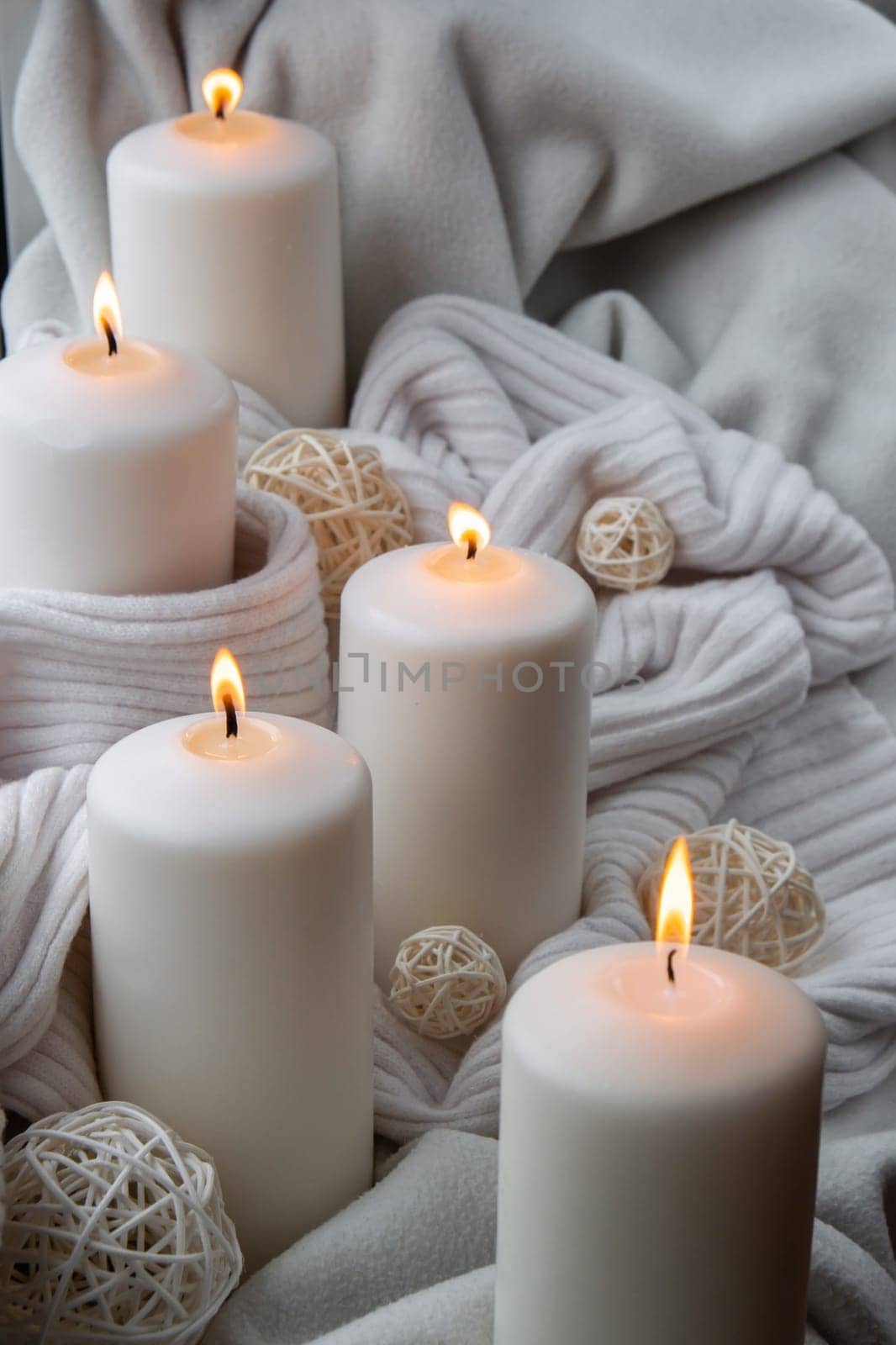 Home fragnance concept autumn holidays at cozy home on the windowsill Hygge aesthetic atmosphere on knitted white sweater. Still life of micro moment candid slow living. Mental health wellbeing exercises Raining Outside