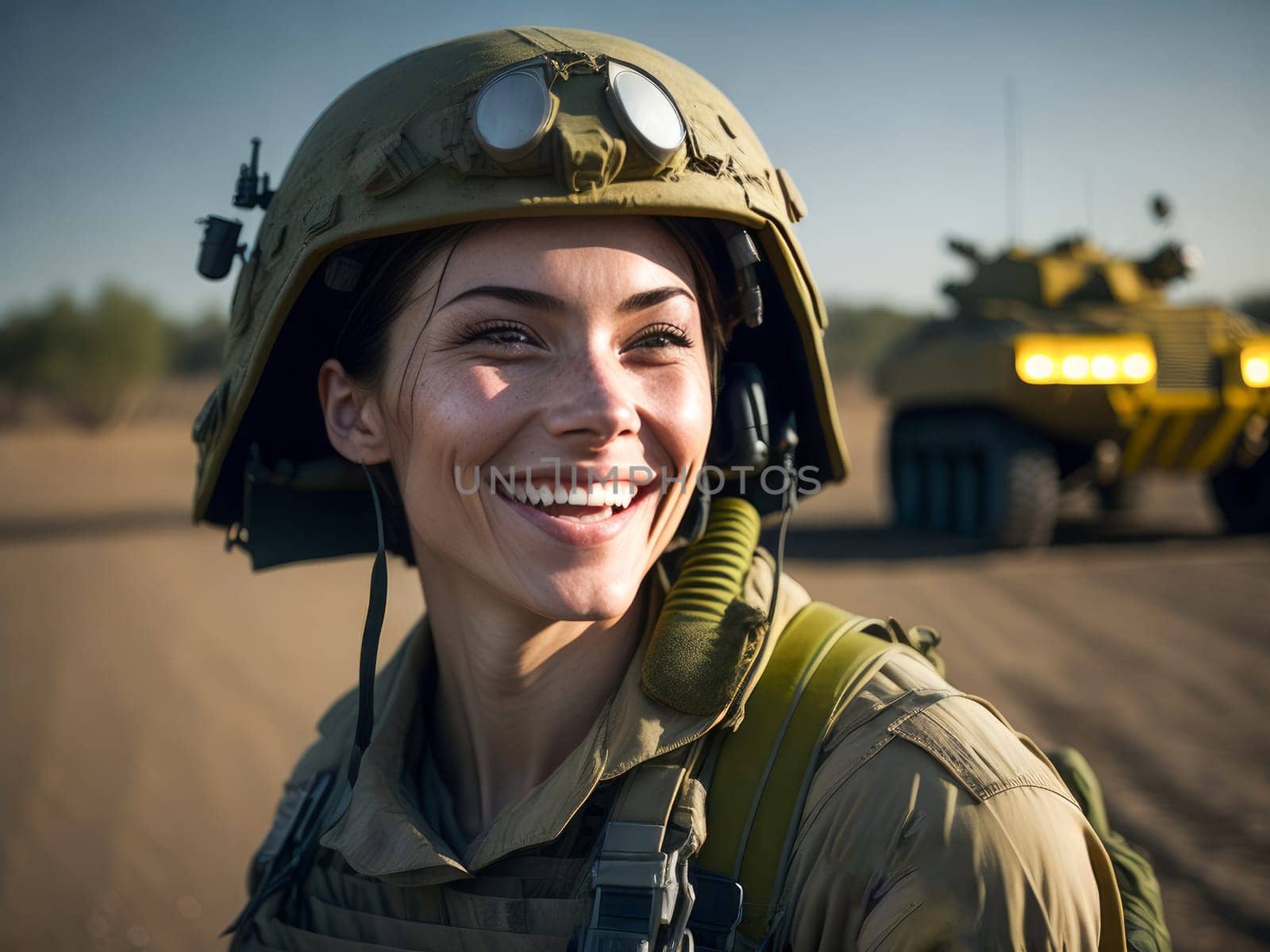 Portrait of a smiling young female American US special forces soldier in military uniform in the battle field. Generative ai