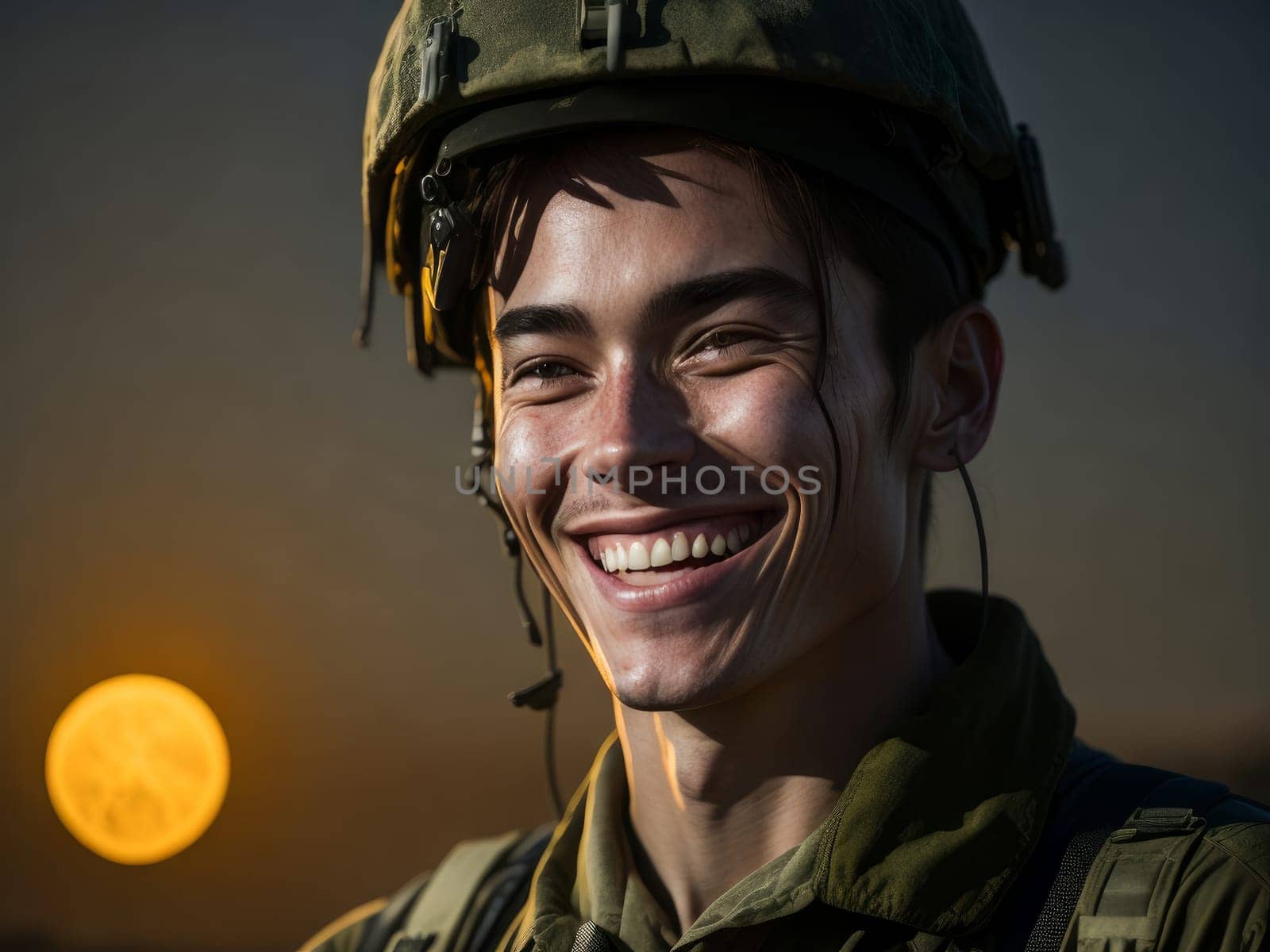 Portrait of a smiling young male American US special forces soldier in military uniform in the battle field. Generative ai. by JuliaDorian