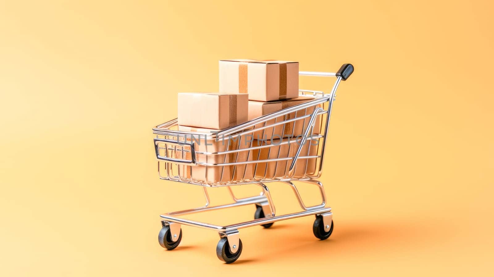 Shopping trolley full of boxes on yellow background. Black Friday sale. Online shopping. Generative ai