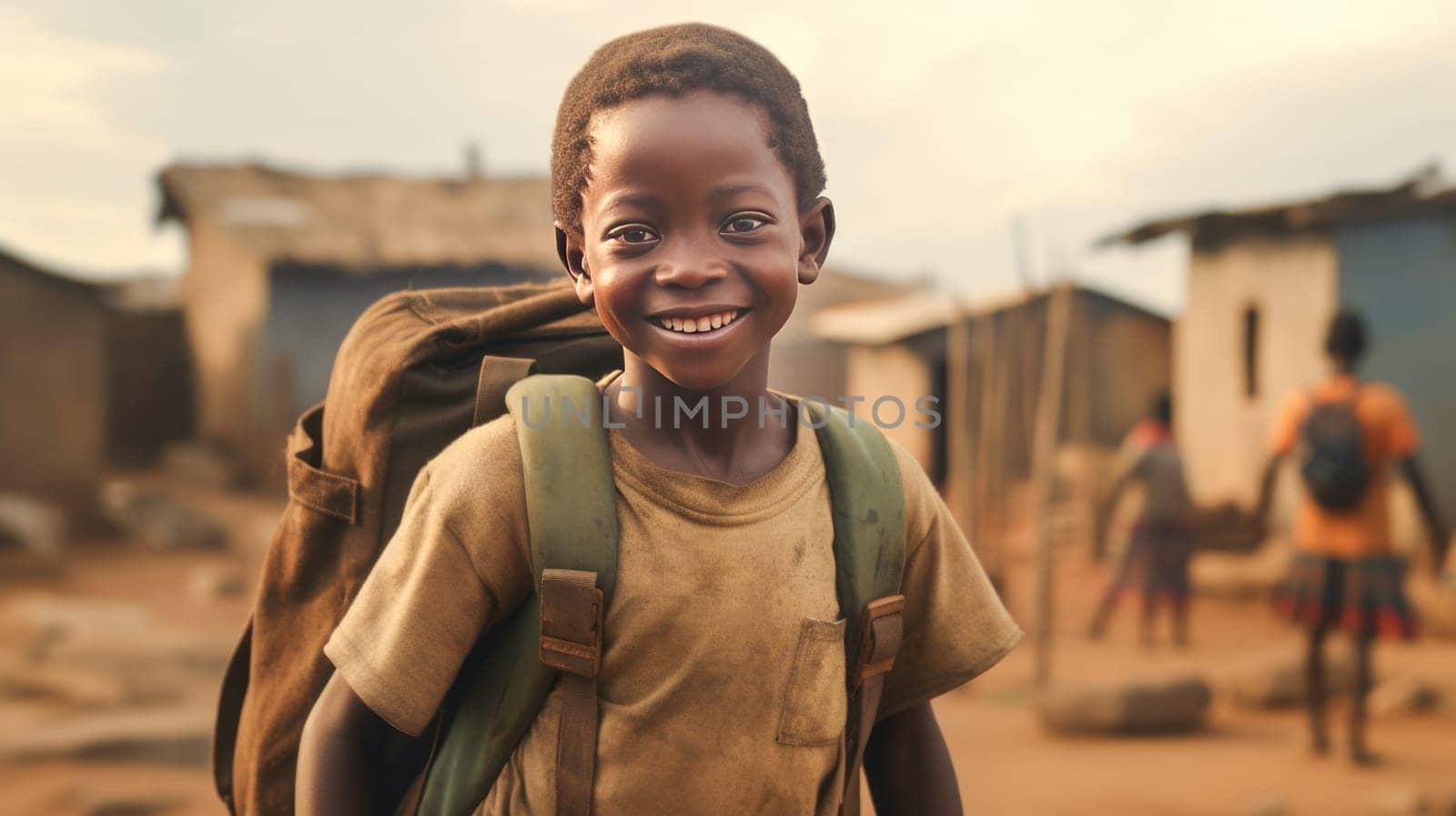 African kid with backpack is looking to the camera and walking to school on the dusty street. Back to school. Generative ai