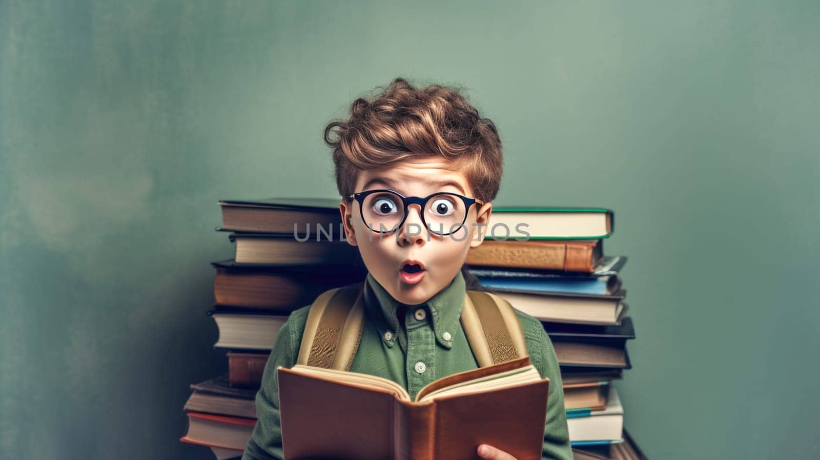 Surprised little boy in glasses with backpack reading book on blue background. Back to school. Generative Ai. by JuliaDorian