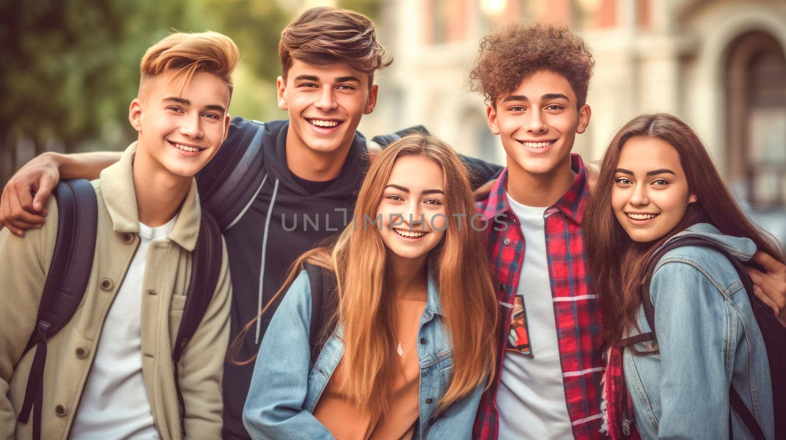Happy caucasian teenager students looking at camera with blurred school building on background. Back to school. Generative Ai