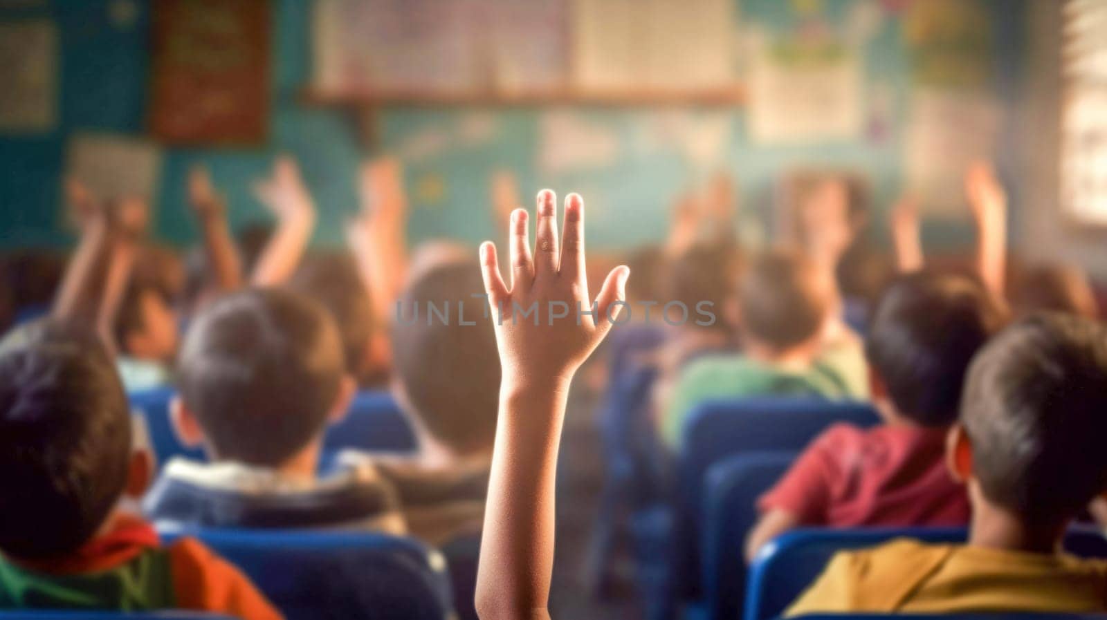 School children with hands up in classroom, view from back at the elementary school. Back to school. Generative ai