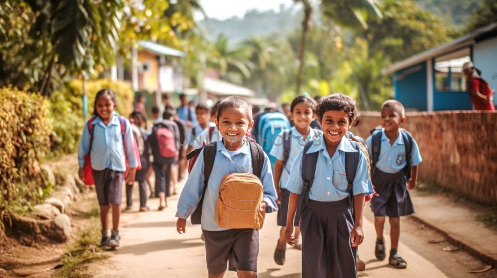 A group of young children with backpacks are walking to school on the dusty street. Back to school. Generative ai.