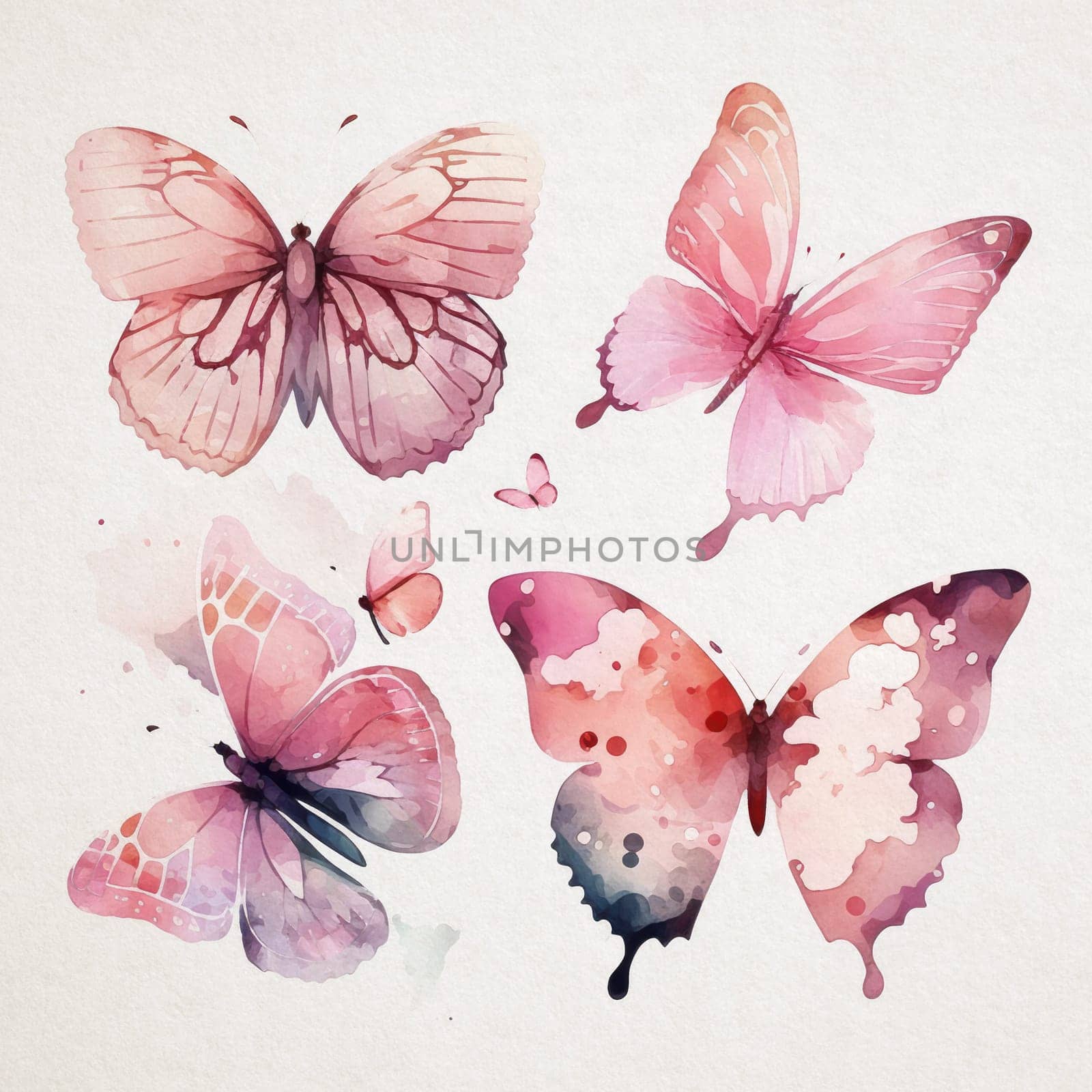Collection of watercolor butterflies in shades of pink on a white paper background by igor010