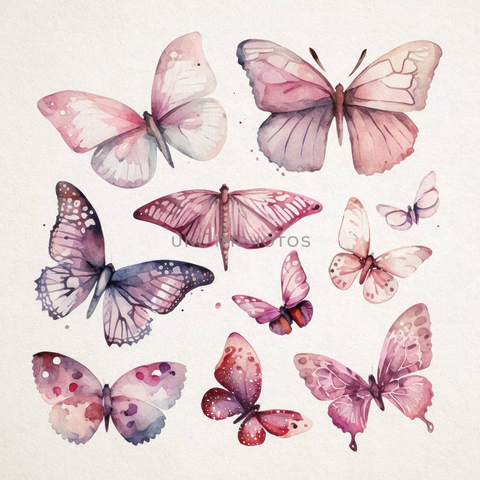 Collection of watercolor butterflies in shades of pink on a white paper background by igor010