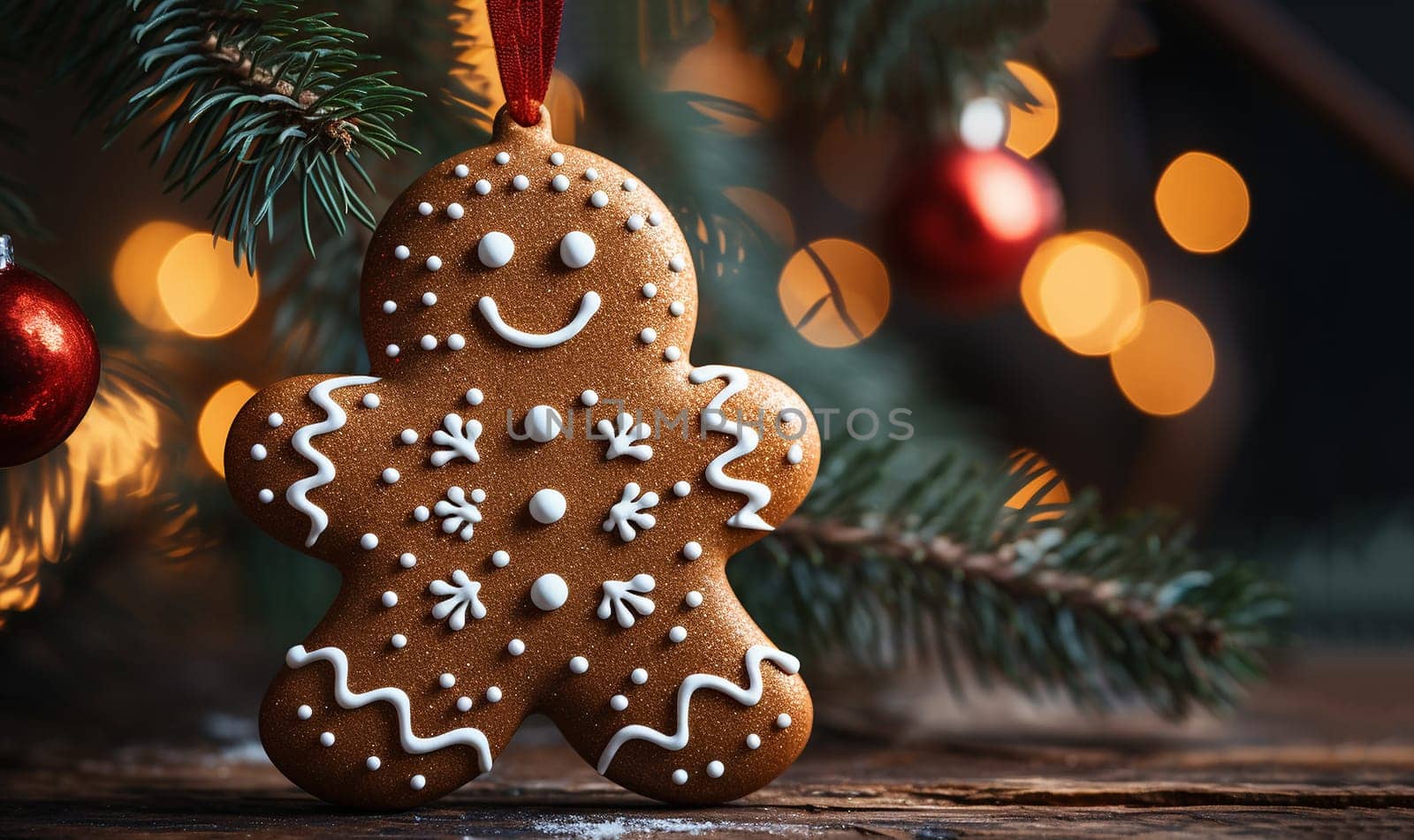 Gingerbread man cookie hanging in decorative Christmas tree. bokeh lights with copy space Decoration in festival period. Closeup magic and fairy tree as colorful background or wallpaper for New year celebration. Seasonal backdrop. space for text