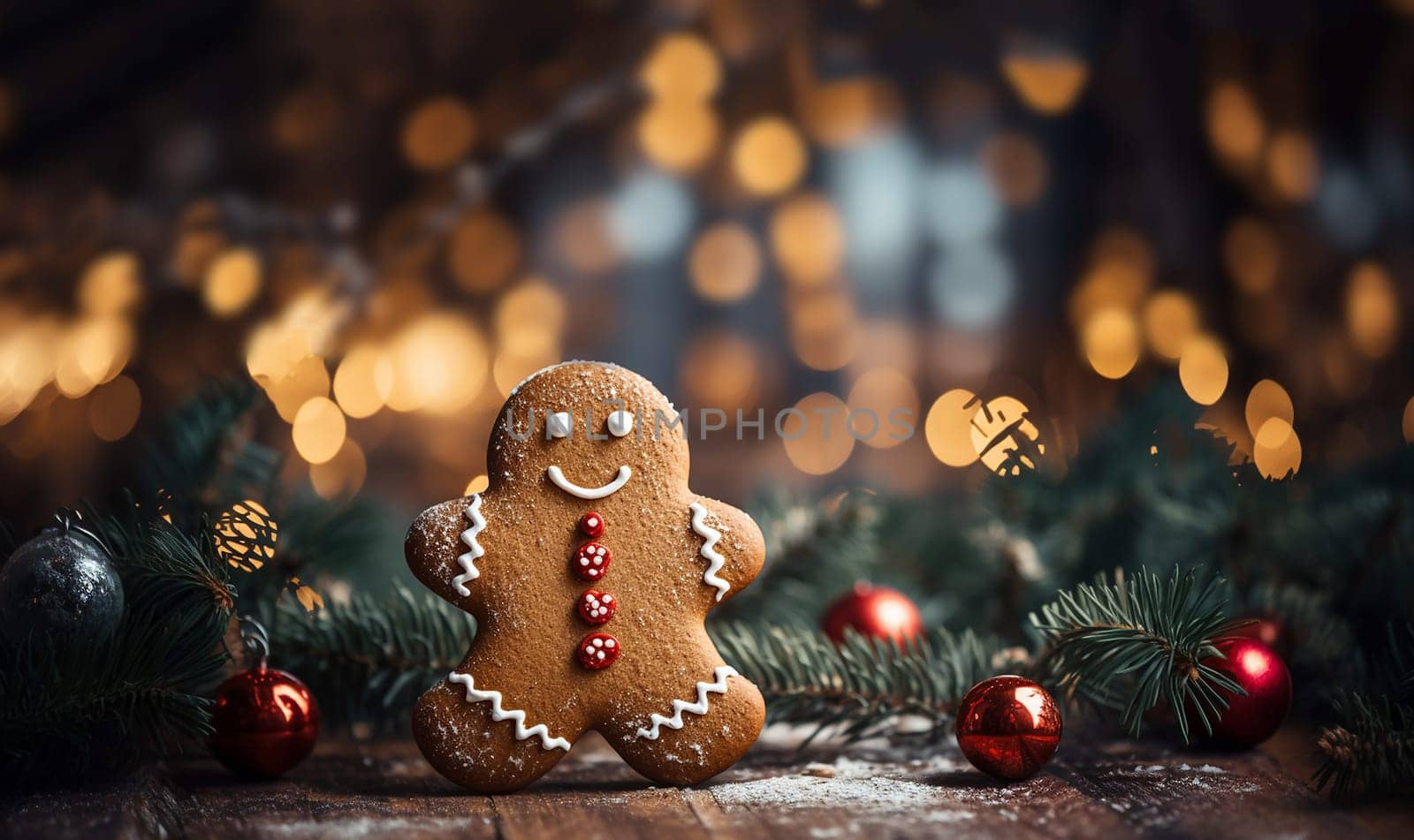 Gingerbread man cookie hanging in decorative Christmas tree. bokeh lights with copy space Decoration in festival period. Closeup magic and fairy tree as colorful background or wallpaper for New year celebration. Seasonal backdrop. space for text
