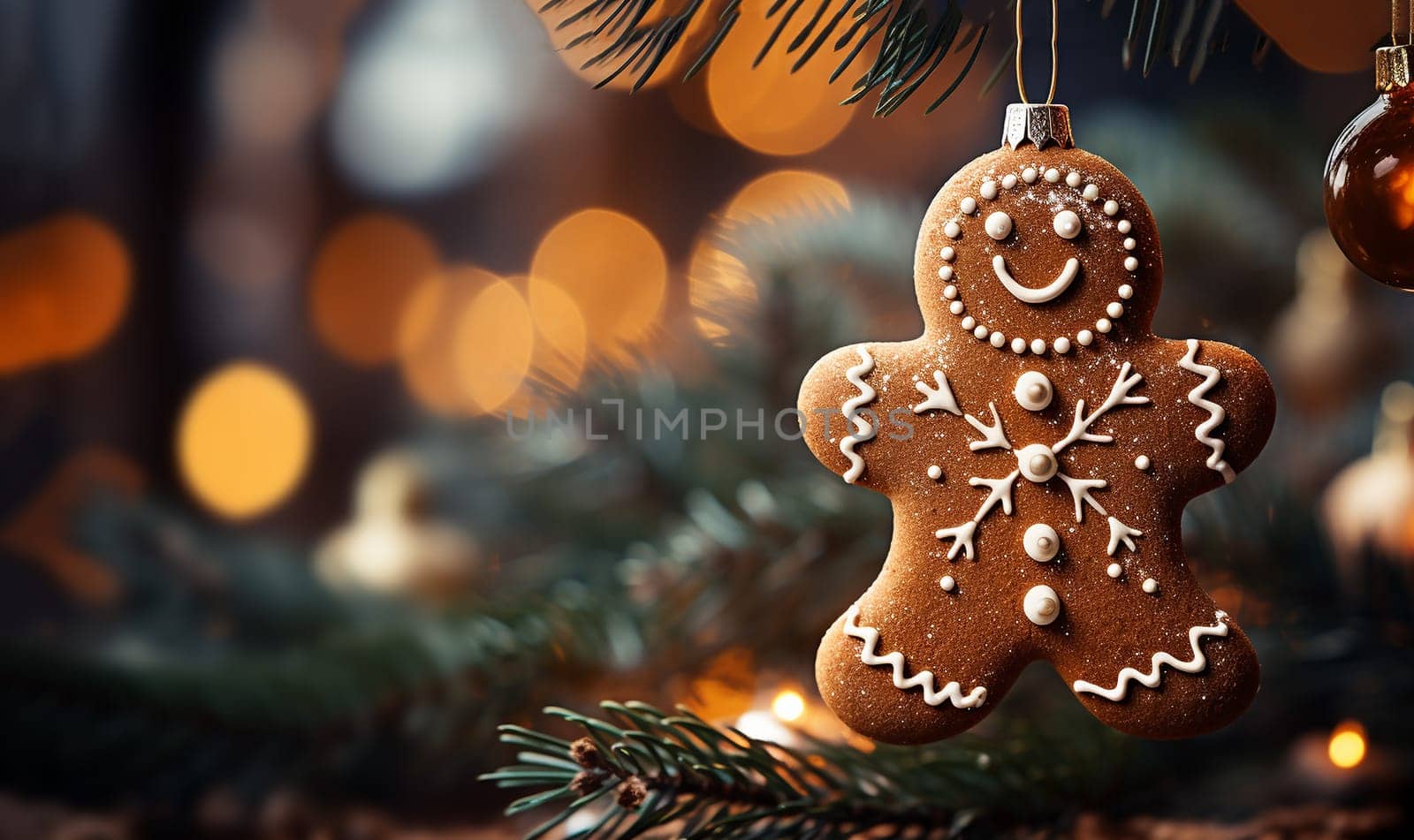 Gingerbread man cookie hanging in decorative Christmas tree. bokeh lights with copy space Decoration in festival period. Closeup magic and fairy tree as colorful background or wallpaper for New year celebration. Seasonal backdrop. space for text
