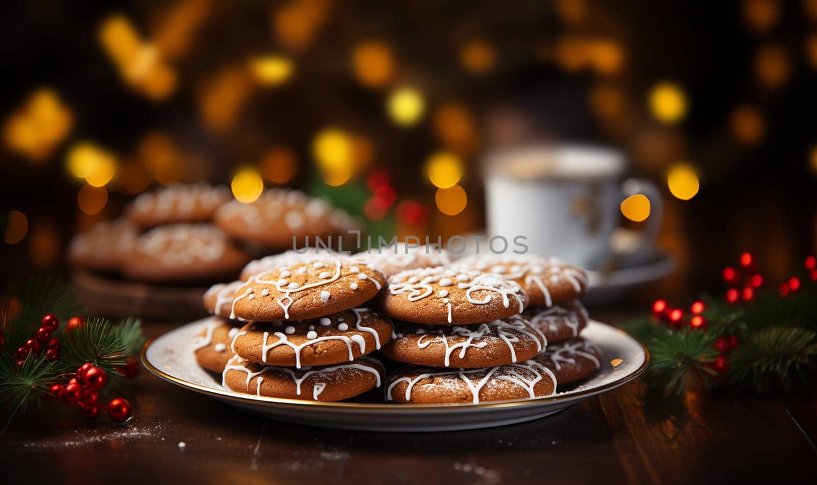 Plate of freshly baked Christmas cookies on wooden table with festive Christmas decor and bokeh lights. Merry Christmas concept copy space space for text