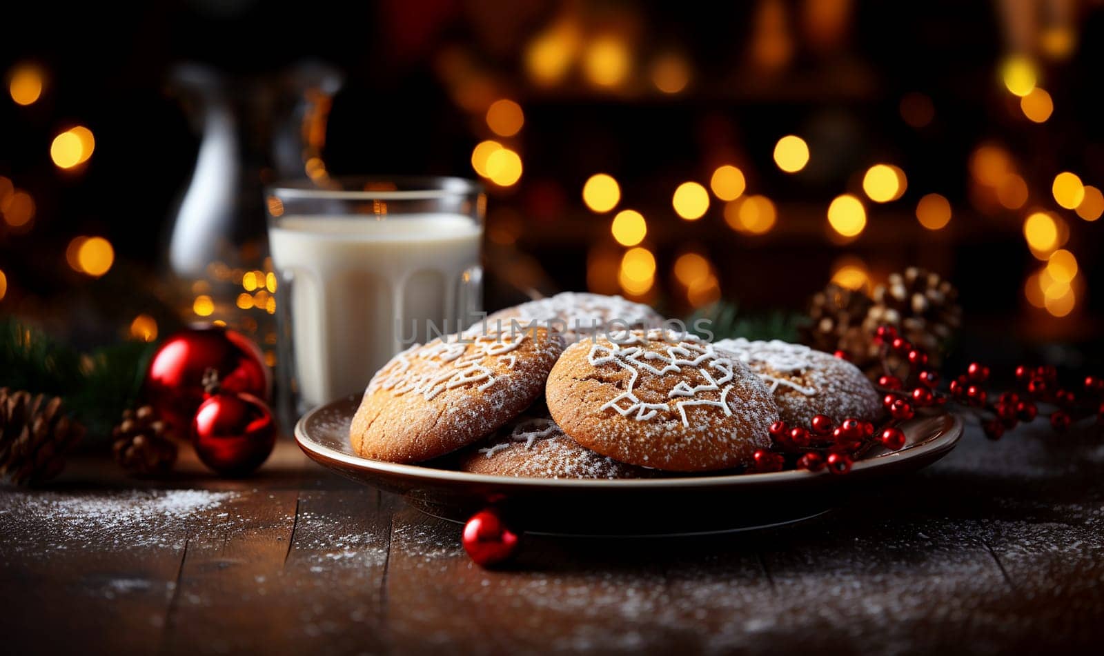 Plate of freshly baked Christmas cookies on wooden table with festive Christmas decor and bokeh lights. Merry Christmas concept copy space space for text