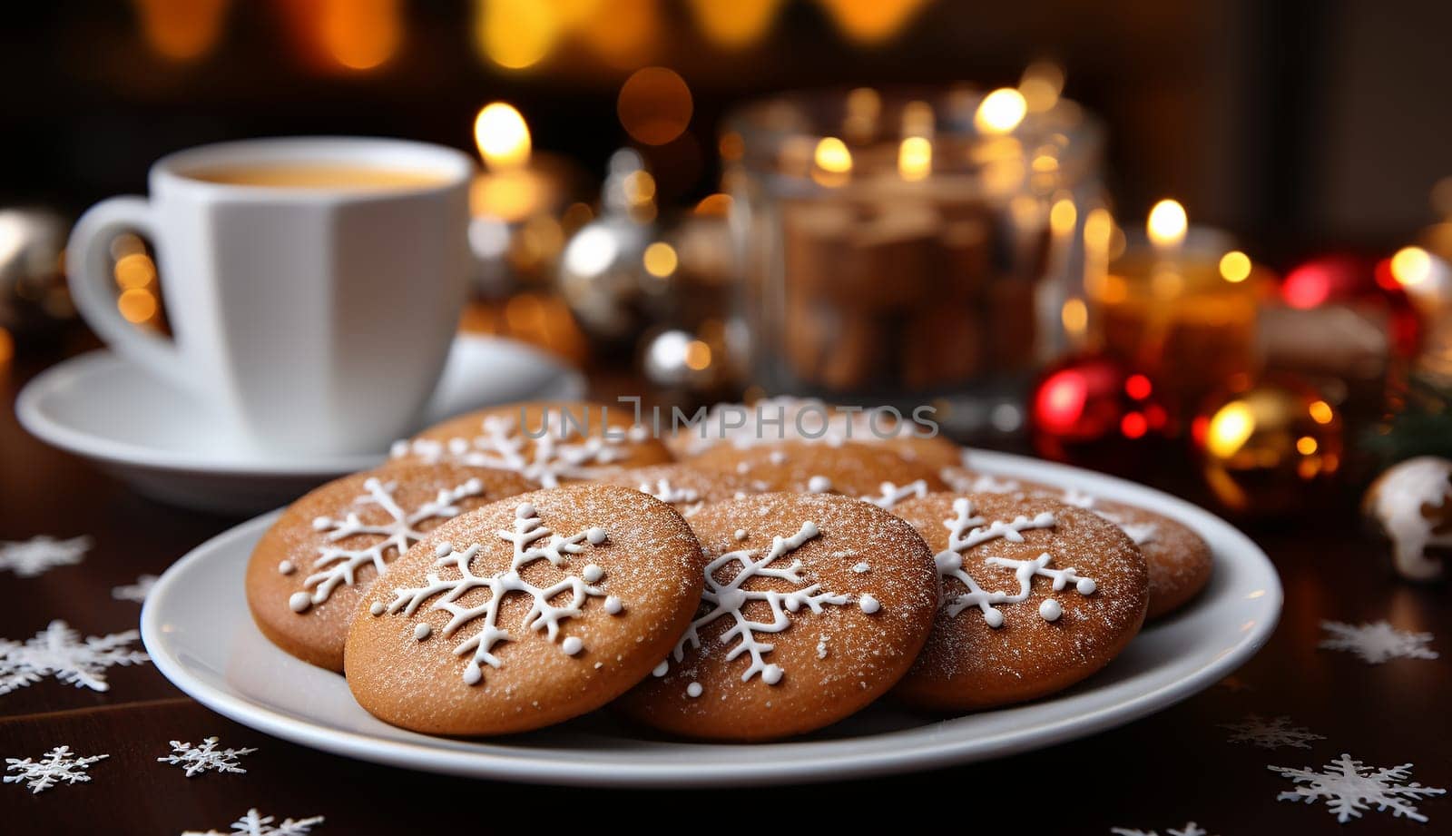 Plate of freshly baked Christmas cookies on wooden table with festive Christmas decor and bokeh lights. Merry Christmas concept copy space space for text