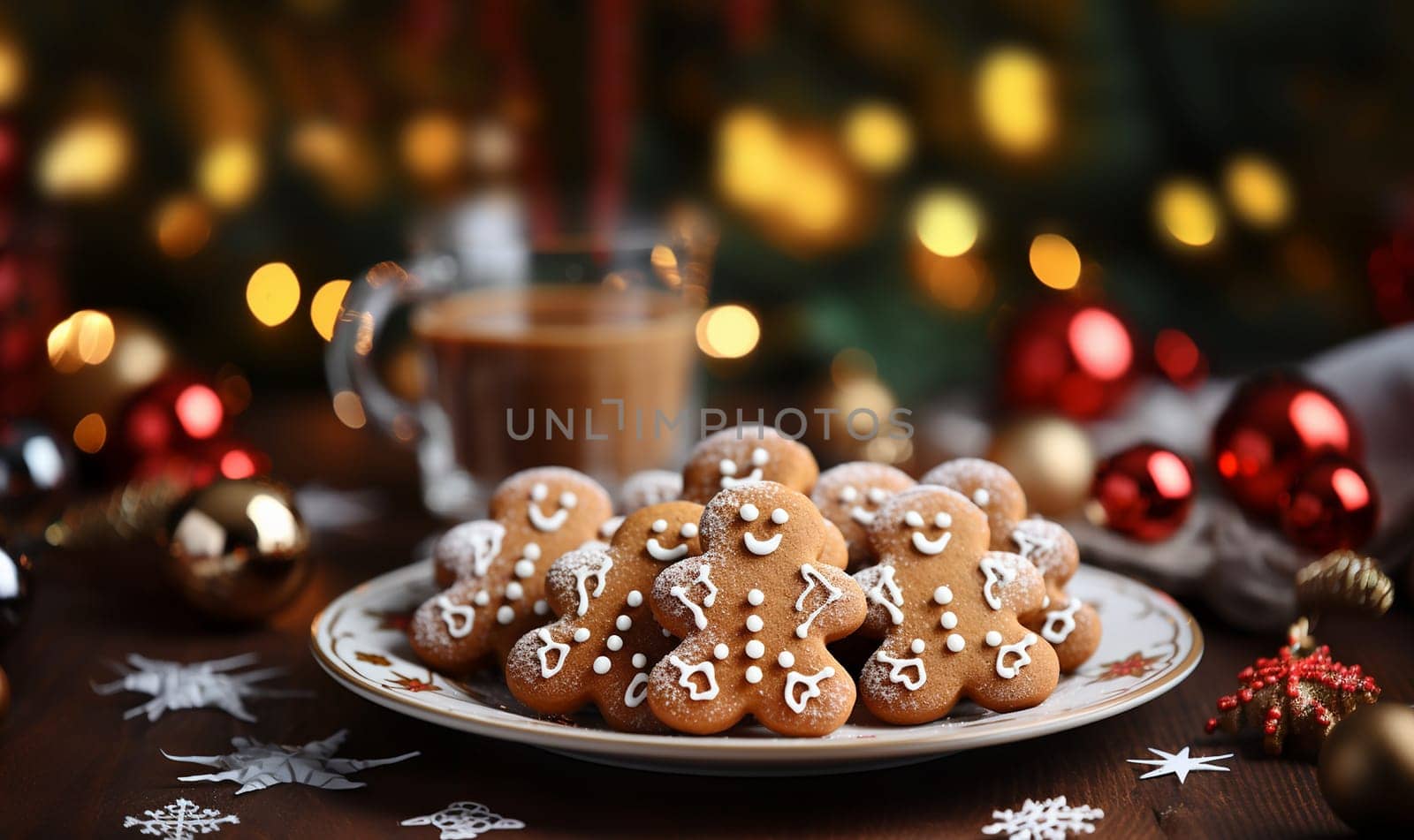 freshly baked homemade gingerbread cookies on plate with Christmad decor on wooden table.Bokeh lights.Christmas, New Year, DIY, holidays preparation and creativity concept. Getting ready to celebration. freshly baked homemade gingerbread cookies copy space