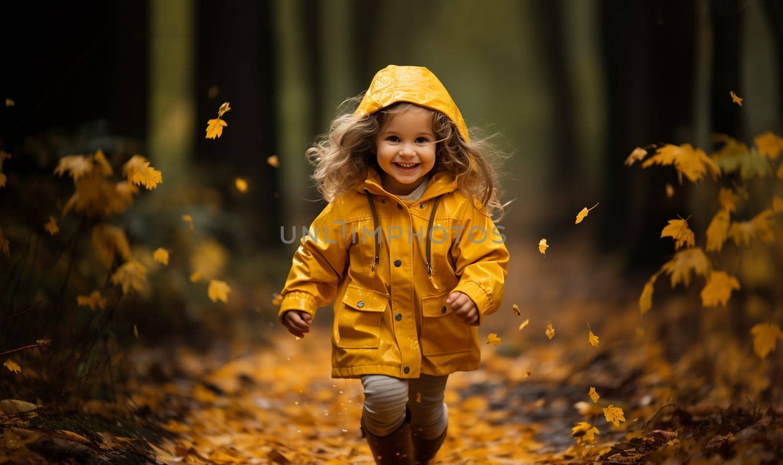 Happy cute child girl in yellow raincoat and boots walking in autumn park or forest,playing in puddle. Beautiful orange and yellow landscape in the Fall on a rainy day copy space