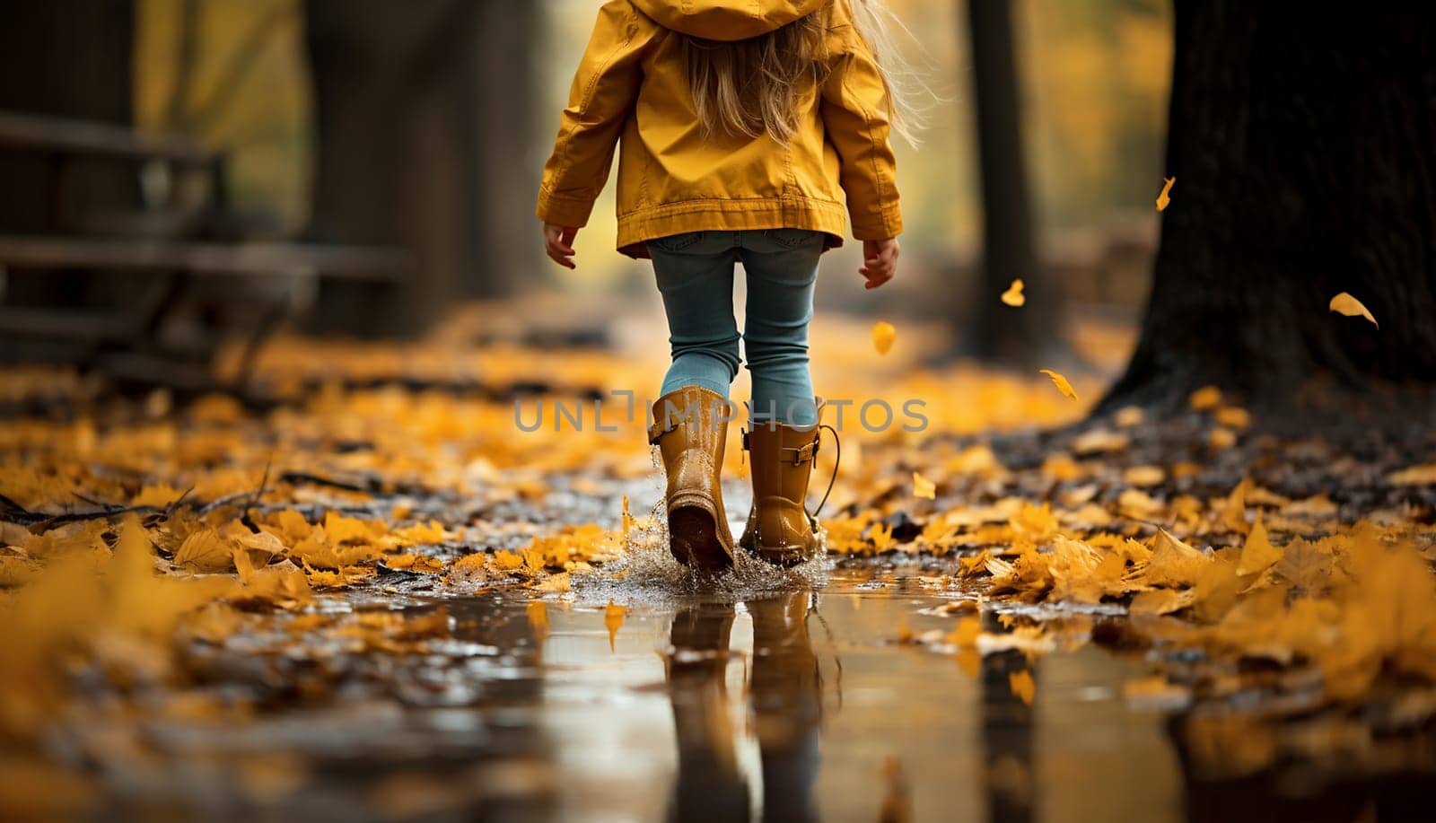 Happy cute child girl in yellow raincoat and boots walking in autumn park or forest,playing in puddle. Beautiful orange and yellow landscape in the Fall on a rainy day copy space