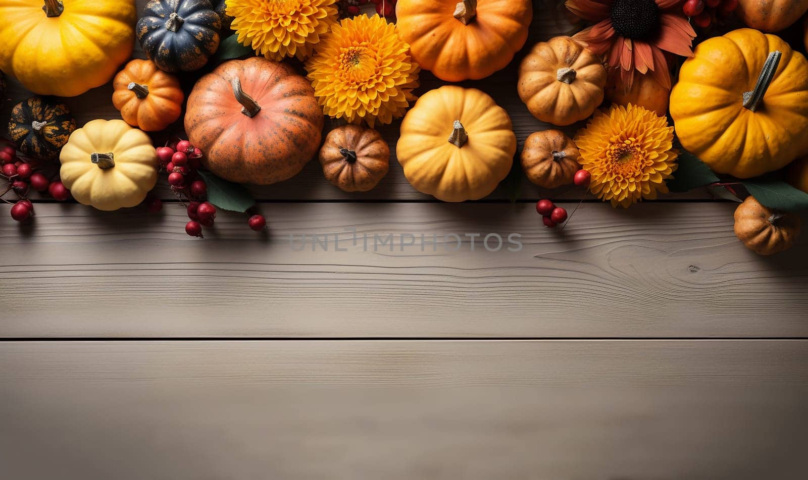 Pumpkin autumn decor flatlay on wooden table.Autumn composition. Pumpkins,fallen leaves on wooden table. Happy Thanksgiving concept. Flat lay, top view, copy space Orange Yellow fall colors space for text