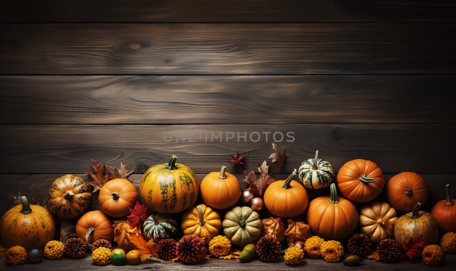 Pumpkin autumn decor flatlay on wooden table.Autumn composition. Pumpkins,fallen leaves on wooden table. Happy Thanksgiving concept. Flat lay, top view, copy space Orange Yellow fall colors space for text