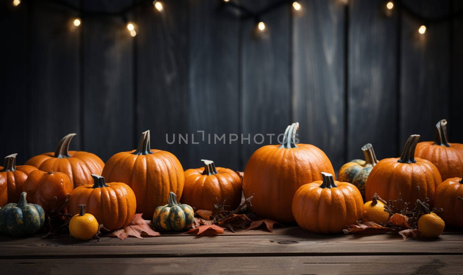 Pumpkin autumn decor flatlay on wooden table.Autumn composition. Pumpkins,fallen leaves on wooden table. Happy Thanksgiving concept. Flat lay, top view, copy space Orange Yellow fall colors space for text
