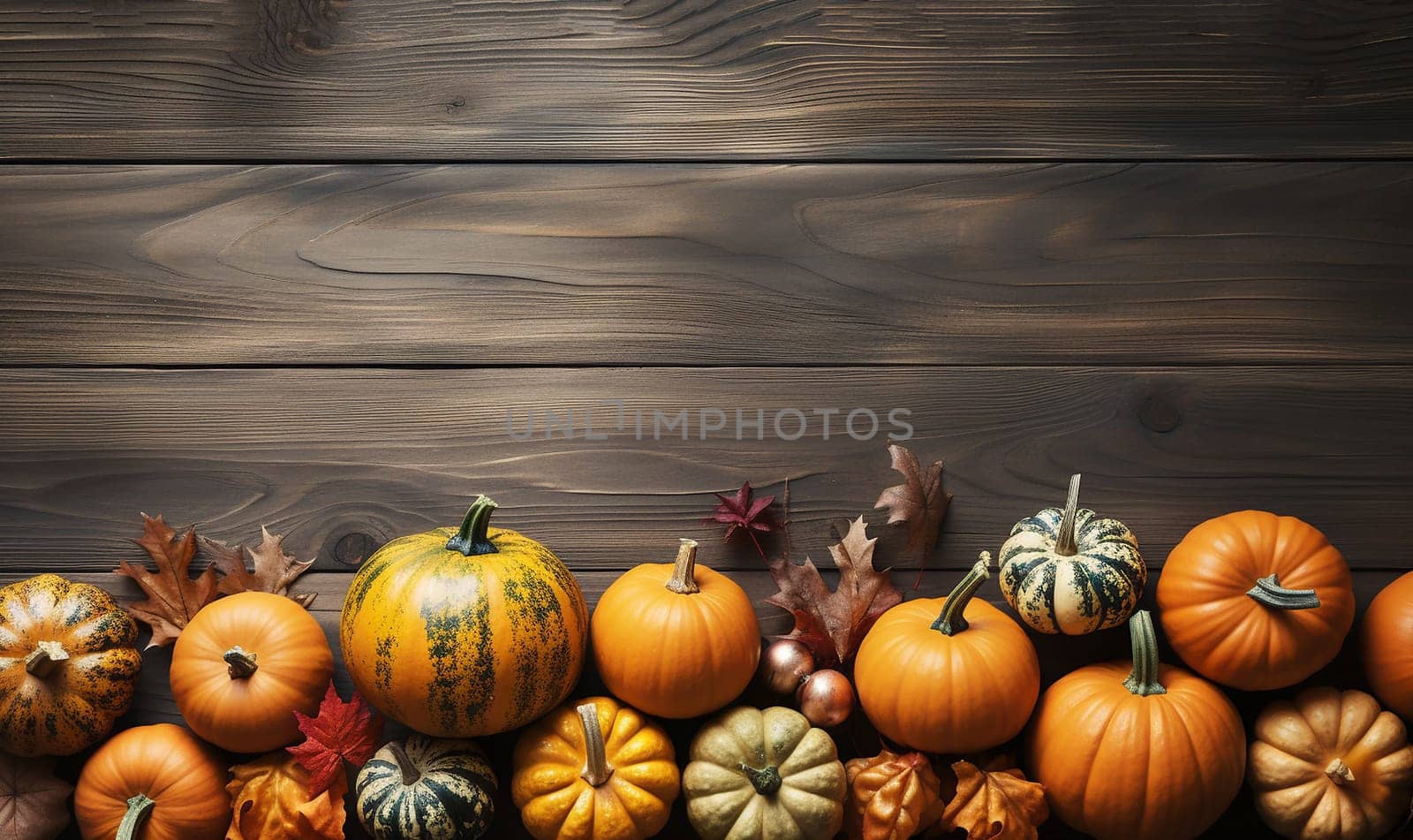 Pumpkin autumn decor flatlay on wooden table.Autumn composition. Pumpkins,fallen leaves on wooden table. Happy Thanksgiving concept. Flat lay, top view, copy space Orange Yellow fall colors space for text