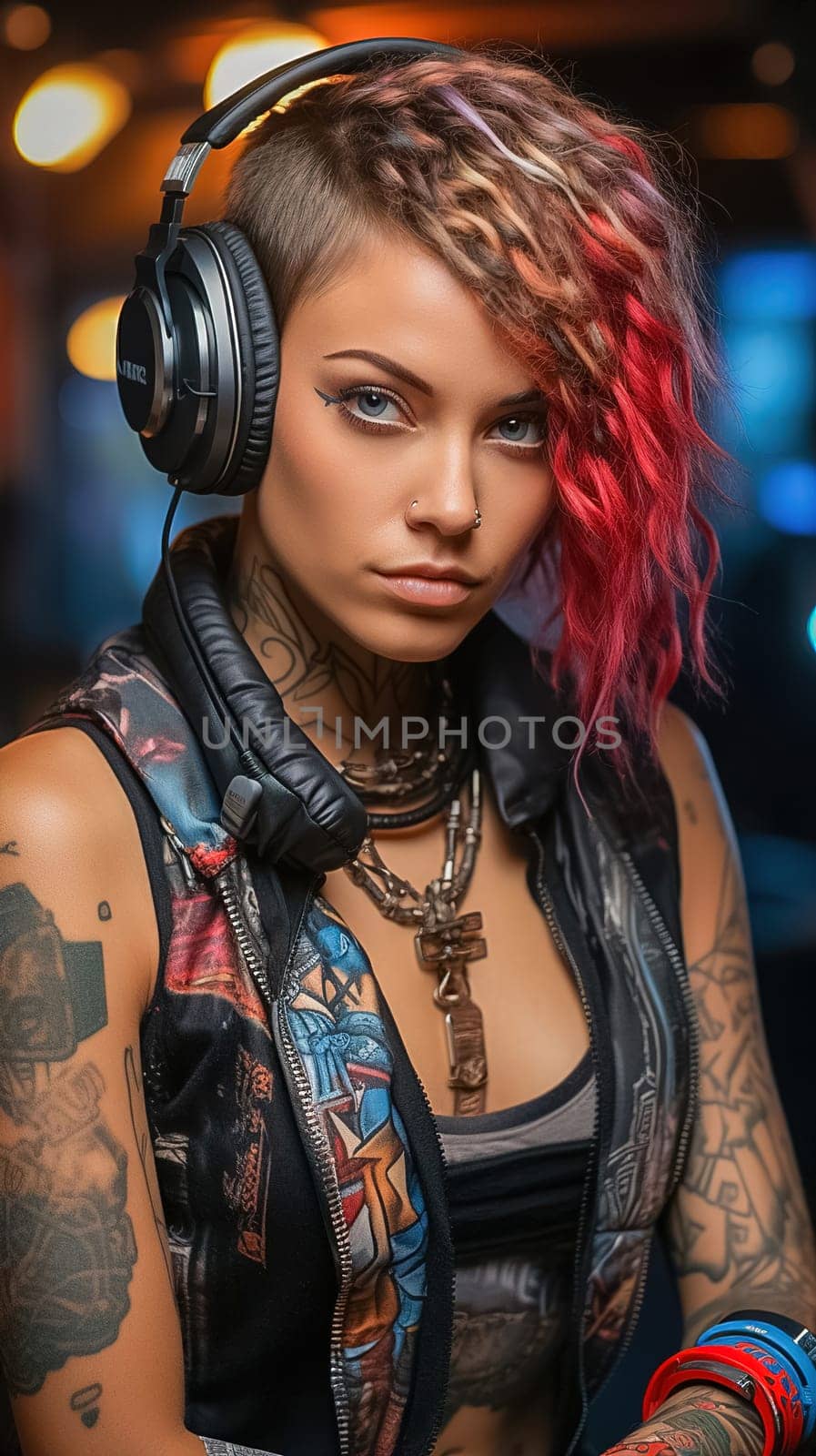 A girl with tattoos and multi-colored hair listens to music on headphones. High quality illustration