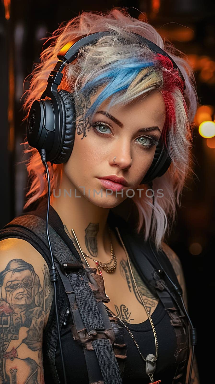 A girl with tattoos and multi-colored hair listens to music on headphones. High quality illustration