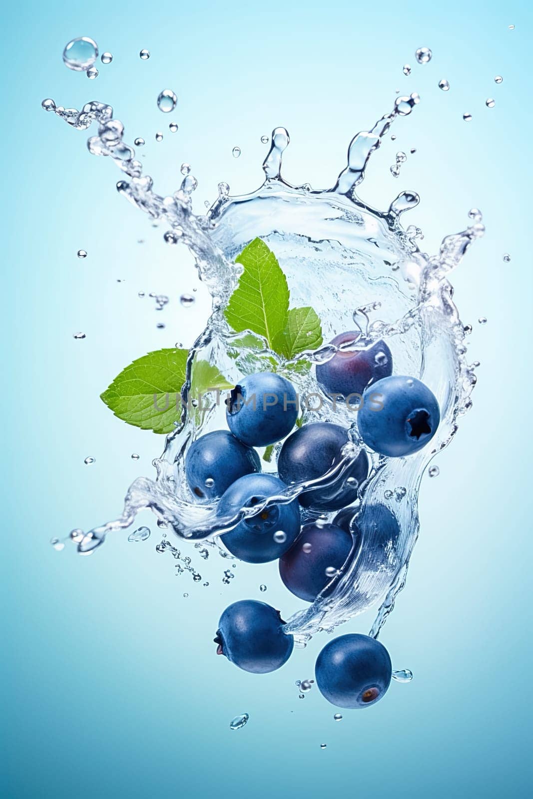 Blueberries fall into the water with splashes