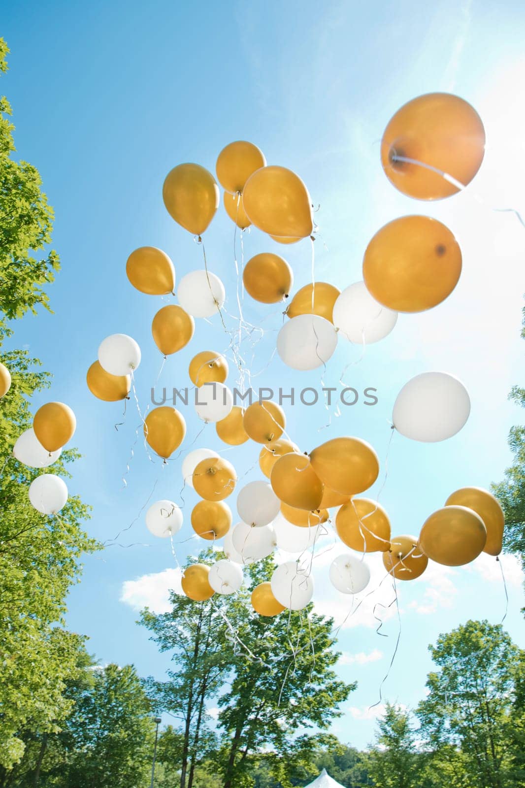 Balloons flying away in blue sky. Soft focus.