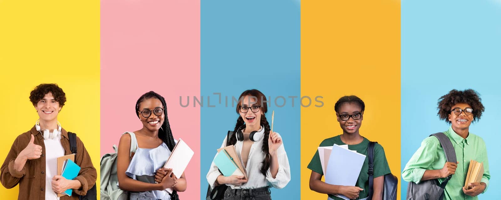 Happy cheerful cute stylish multiethnic teenagers guys and ladies posing on colorful backgrounds, carrying backpacks and notebooks, collage for education and student lifestyle concept