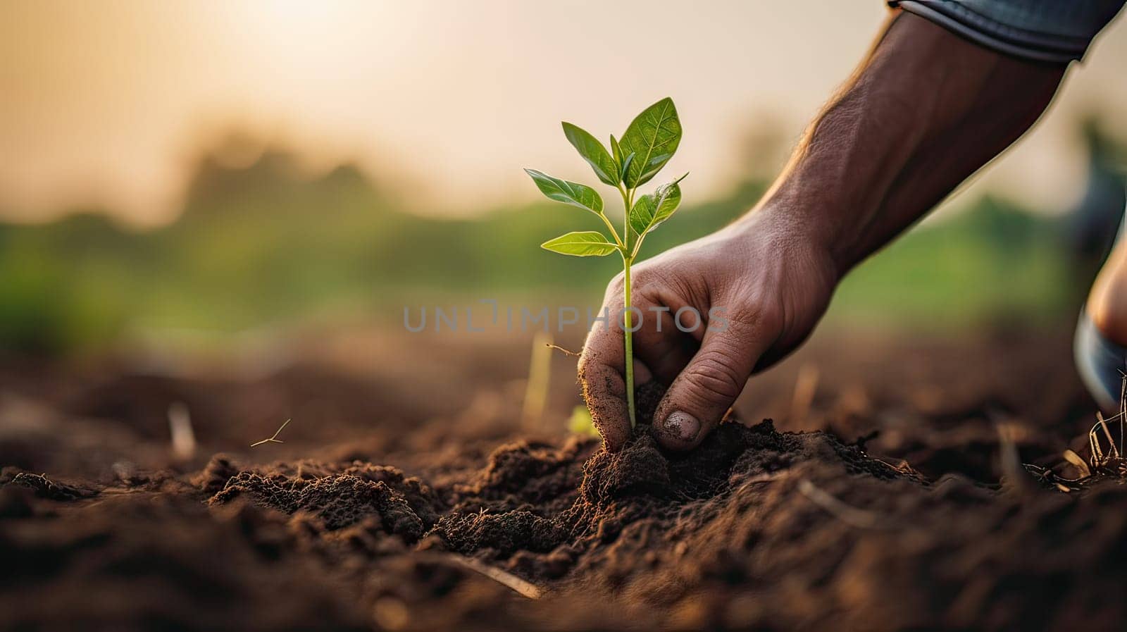 Farmer's Hands Planting Seedling in Regenerative Agriculture Field: Close-Up Shot. Sustainable Farming and Eco-Friendly Agriculture Concept.