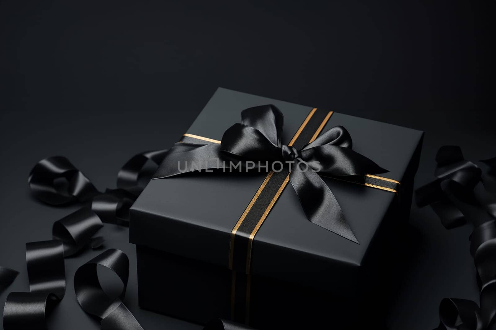 Black gift box on black background with empty space for text. Black Friday, Boxing Day, Christmas or celebatation spacial promotion background.