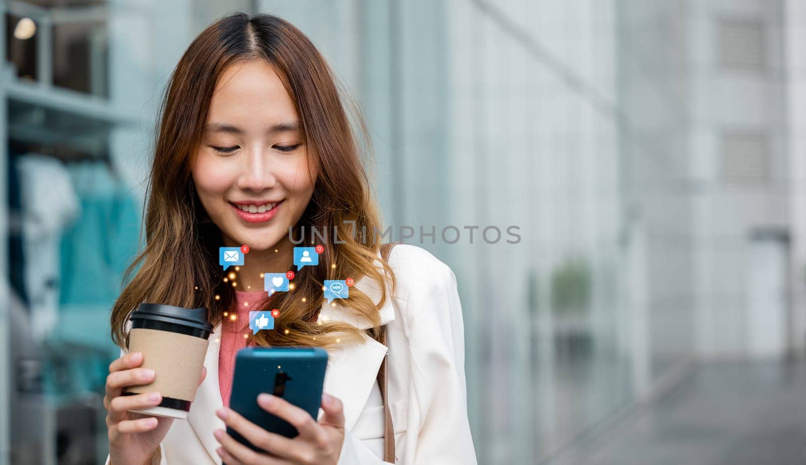 Hands holding smartphone with social media notification icons, person reacting to messages, comments, and likes, online communication concept, Social media